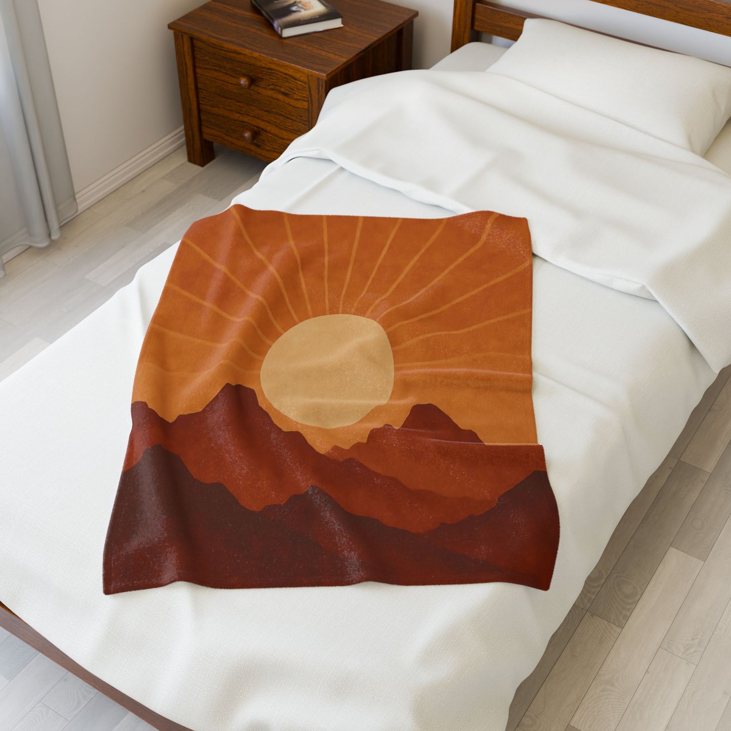 Desert Sunset Mountains Velveteen Plush Blanket – Burnt Orange & Terracotta Landscape Throw