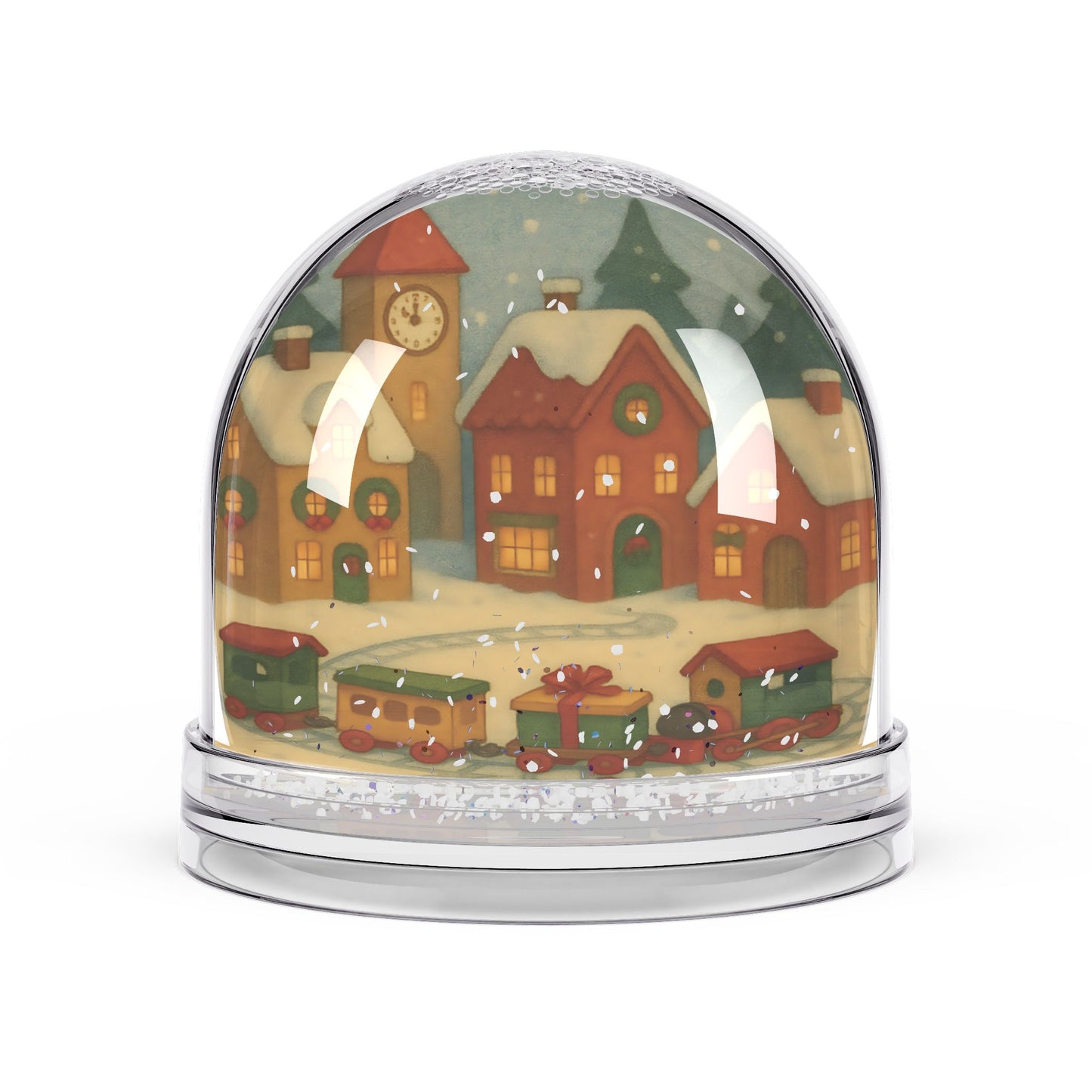 Holiday Village & Toy Train Snow Globe – Festive Town Scene with Two-Sided Print