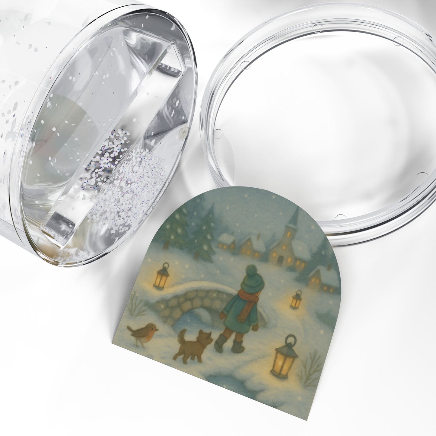 Winter Village Walk Snow Globe – Child with Pets on Lantern-Lit Bridge Scene