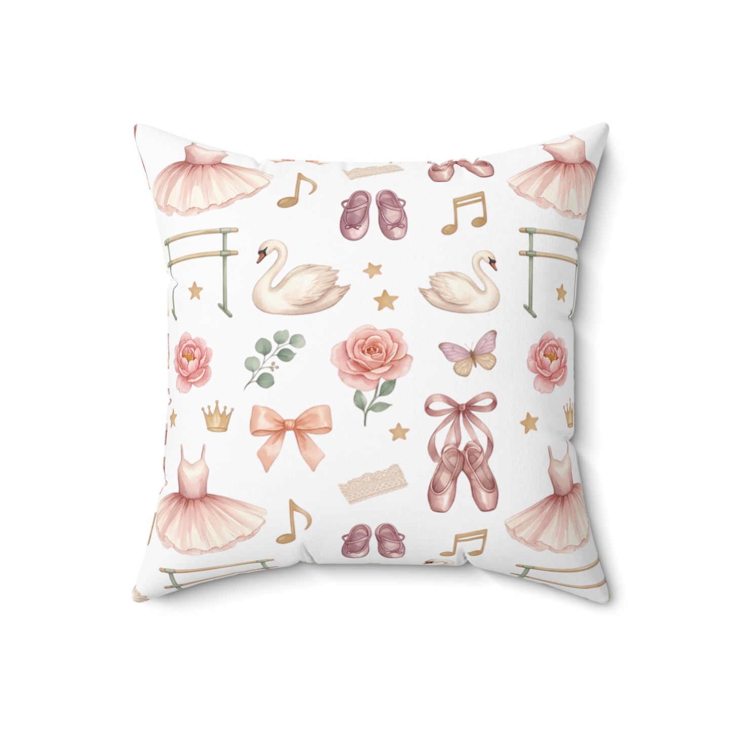 Ballet Dancer Pattern Square Throw Pillow — Pink Tutu, Ballet Shoes & Swan Decorative Cushion