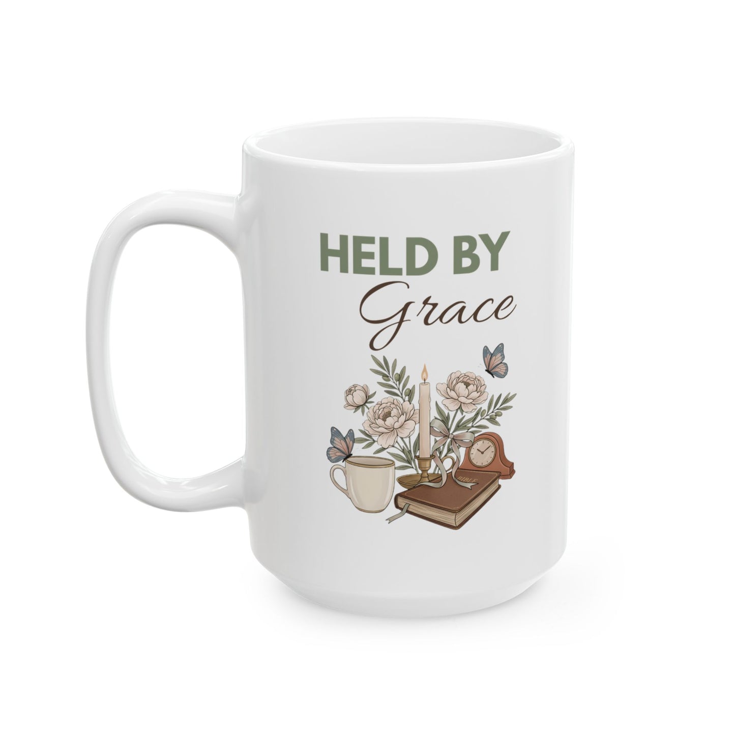 Held by Grace Ceramic Coffee Mug – Christian Inspirational Mug – Floral Bible Study Coffee Cup – Faith Gift for Women – 11oz & 15oz