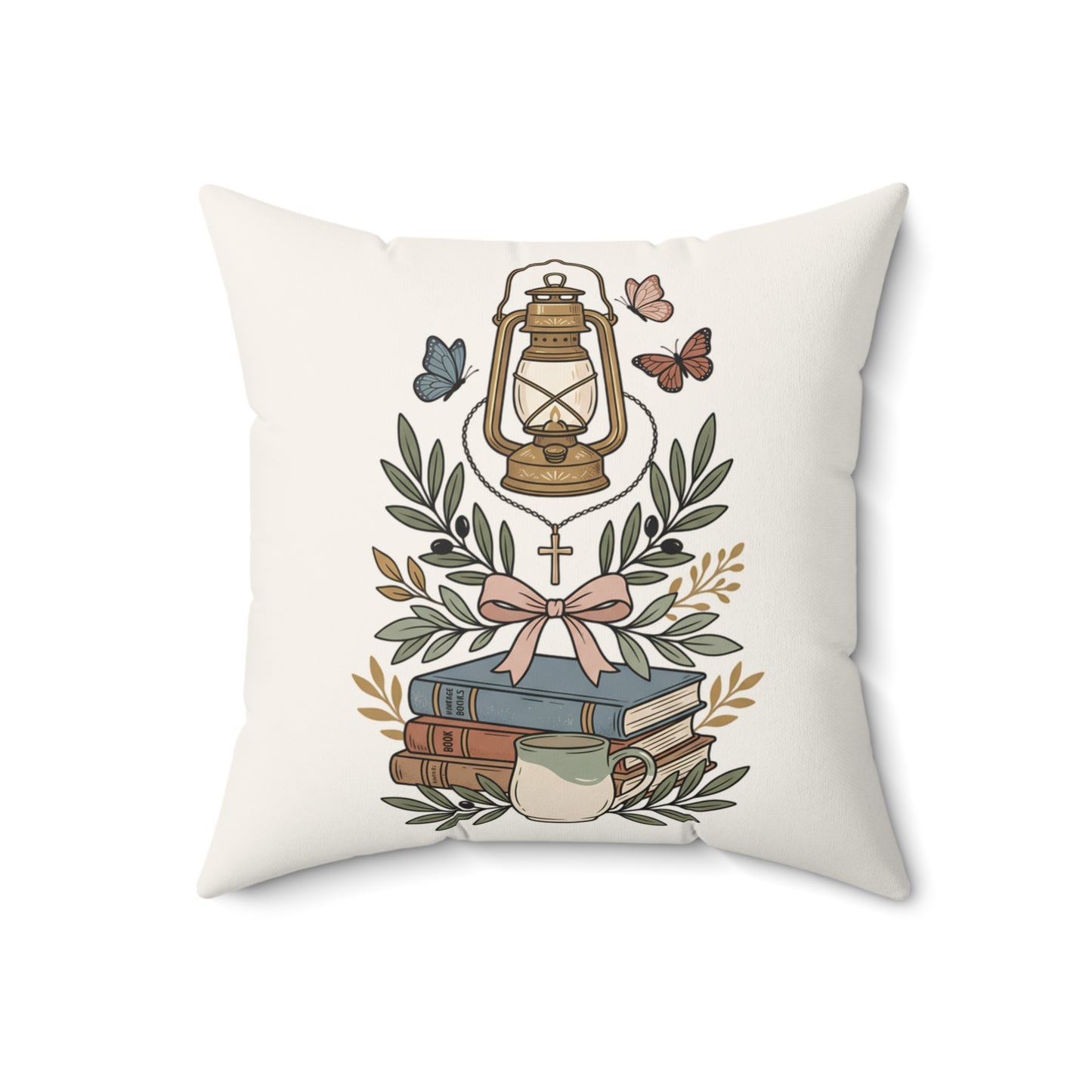 Christian Floral Lantern Pillow — Faith Cross Decorative Throw Pillow