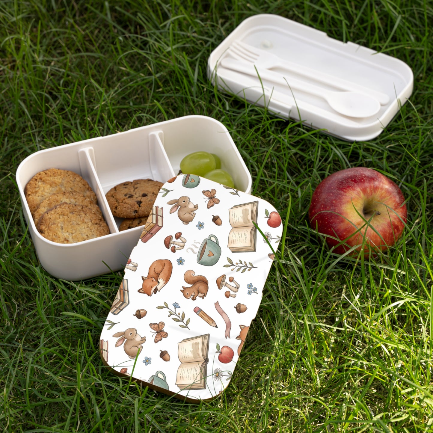 Woodland Reading Bento Lunch Box – Cute Fox, Bunny & Book Pattern
