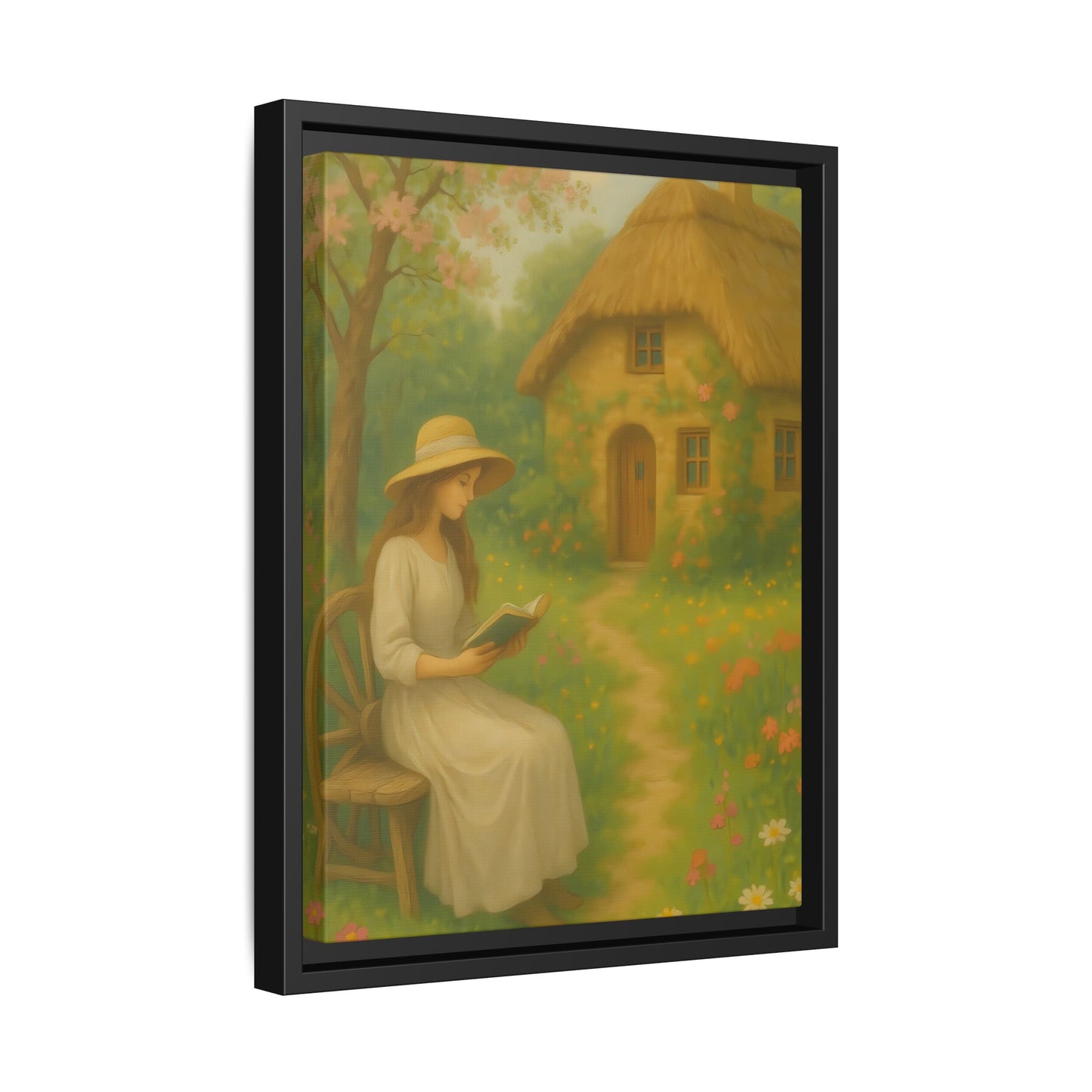 Cottage Garden Reader – Framed Matte Canvas Wall Art of Woman Reading by a Thatched Cottage