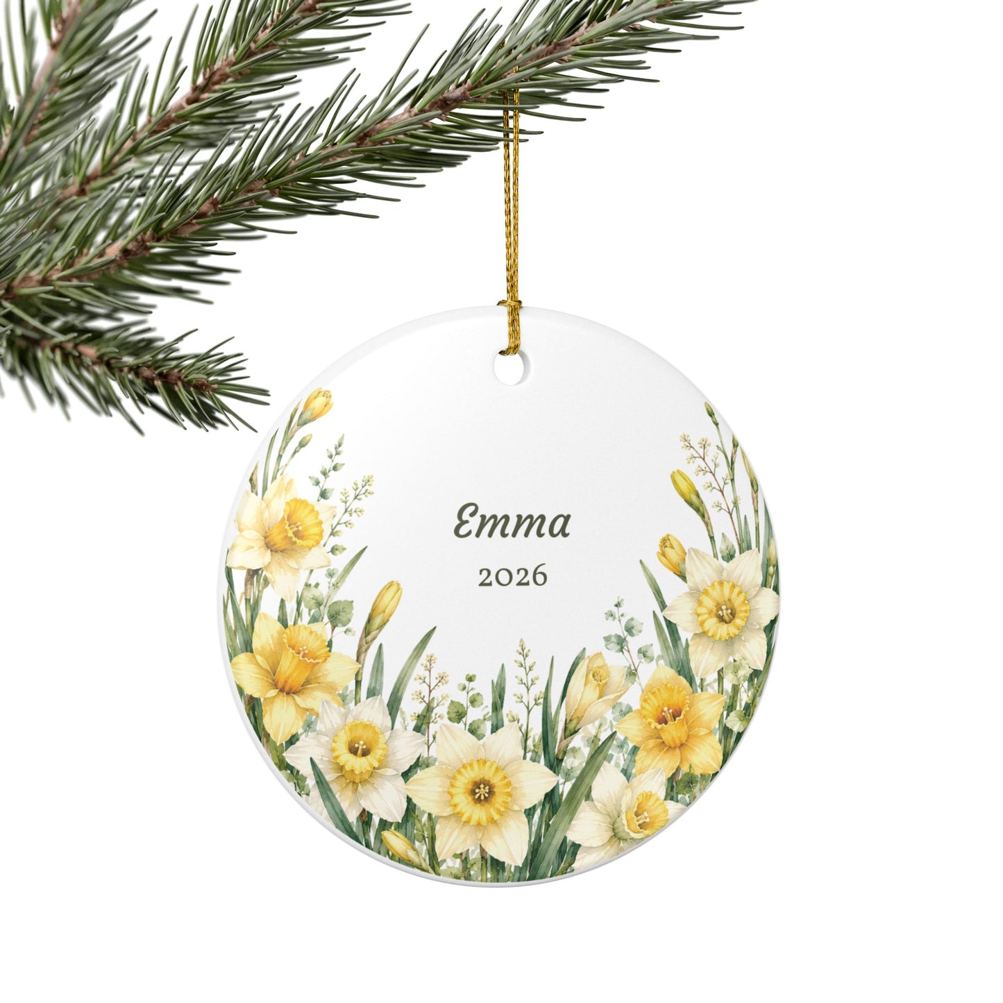 Personalized Daffodil Ceramic Ornament – Name & Year Keepsake (e.g., Emma 2026)