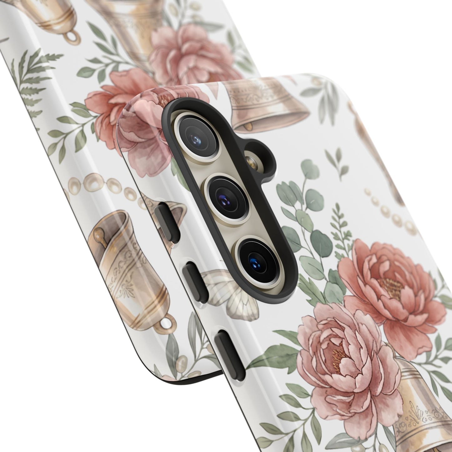 Floral Wedding Bells Phone Case — Vintage Roses, Butterflies & Bow Protective Tough Case