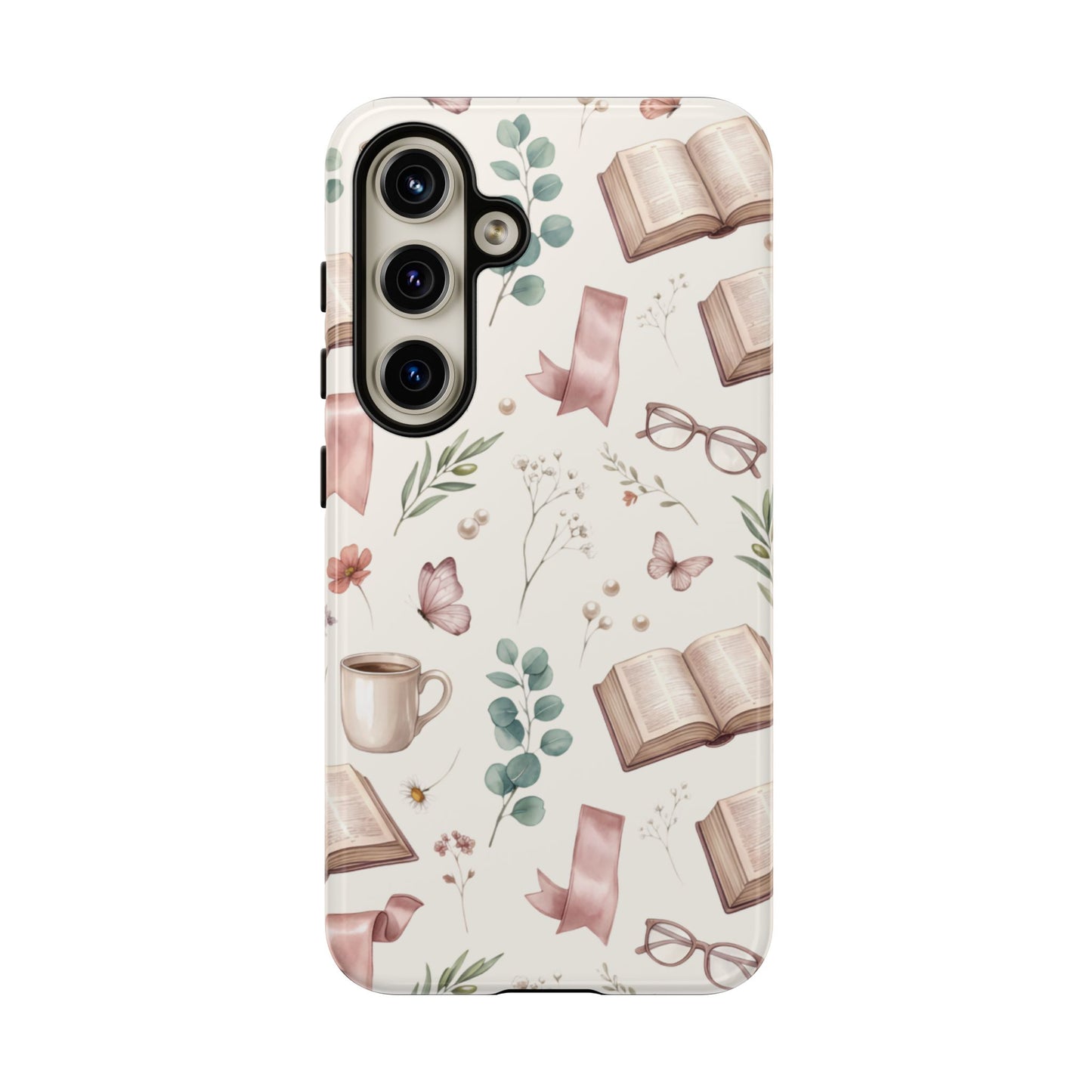 Bookish Floral Phone Case — Cozy Reading Pattern with Open Books, Glasses & Coffee