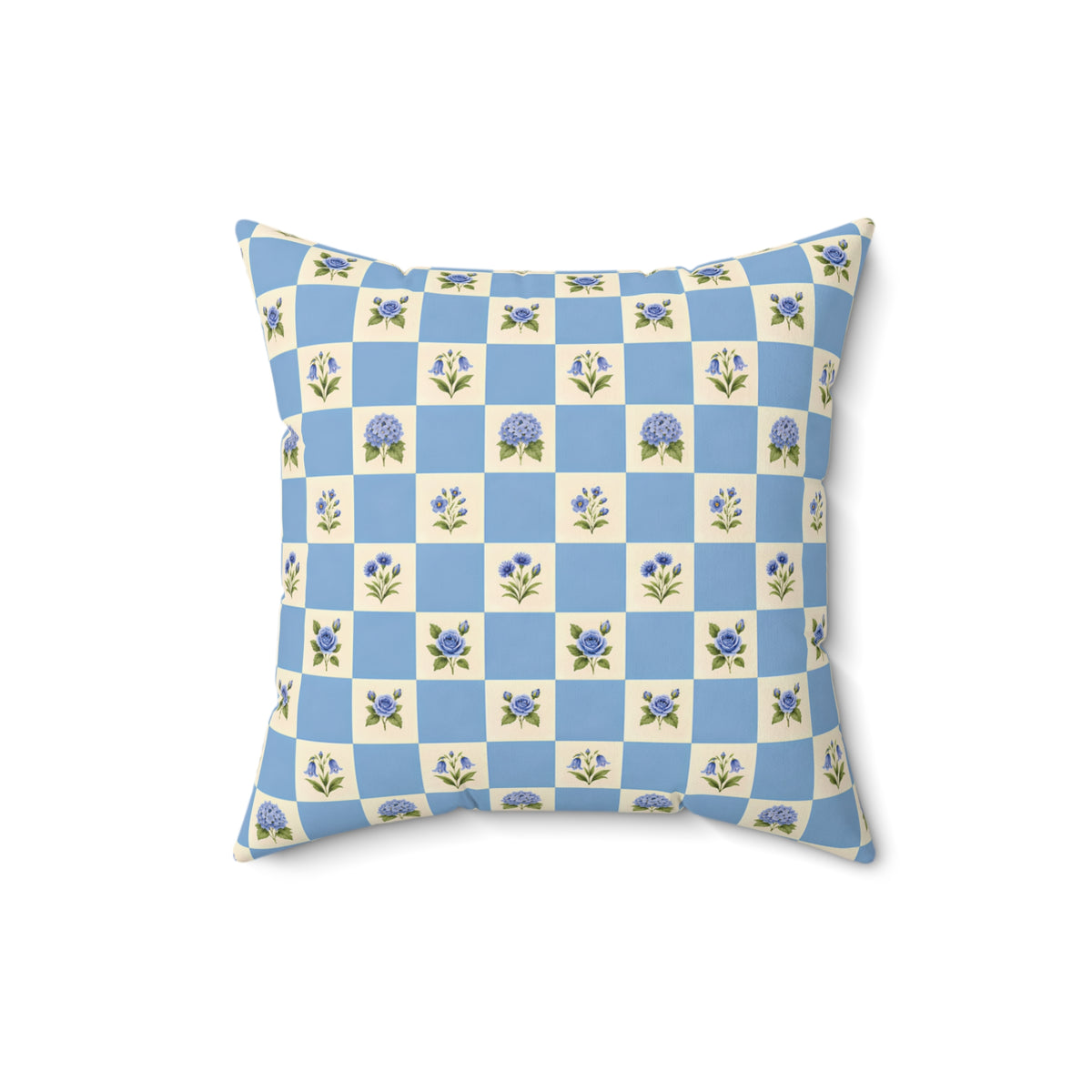 Blue Floral Checkerboard Square Pillow
