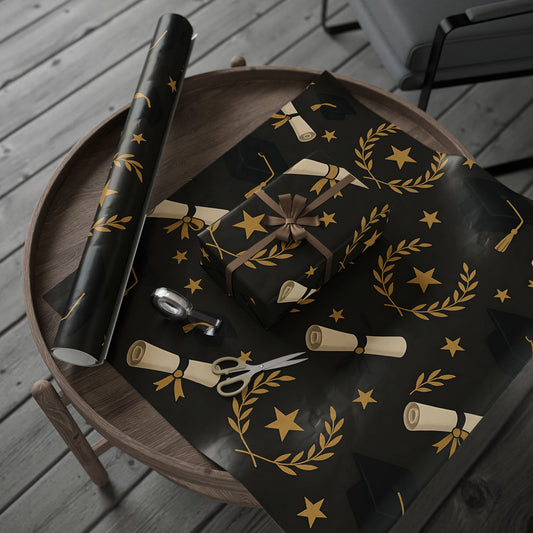 Graduation Celebration Wrapping Paper – Diplomas, Caps & Gold Laurel Accents