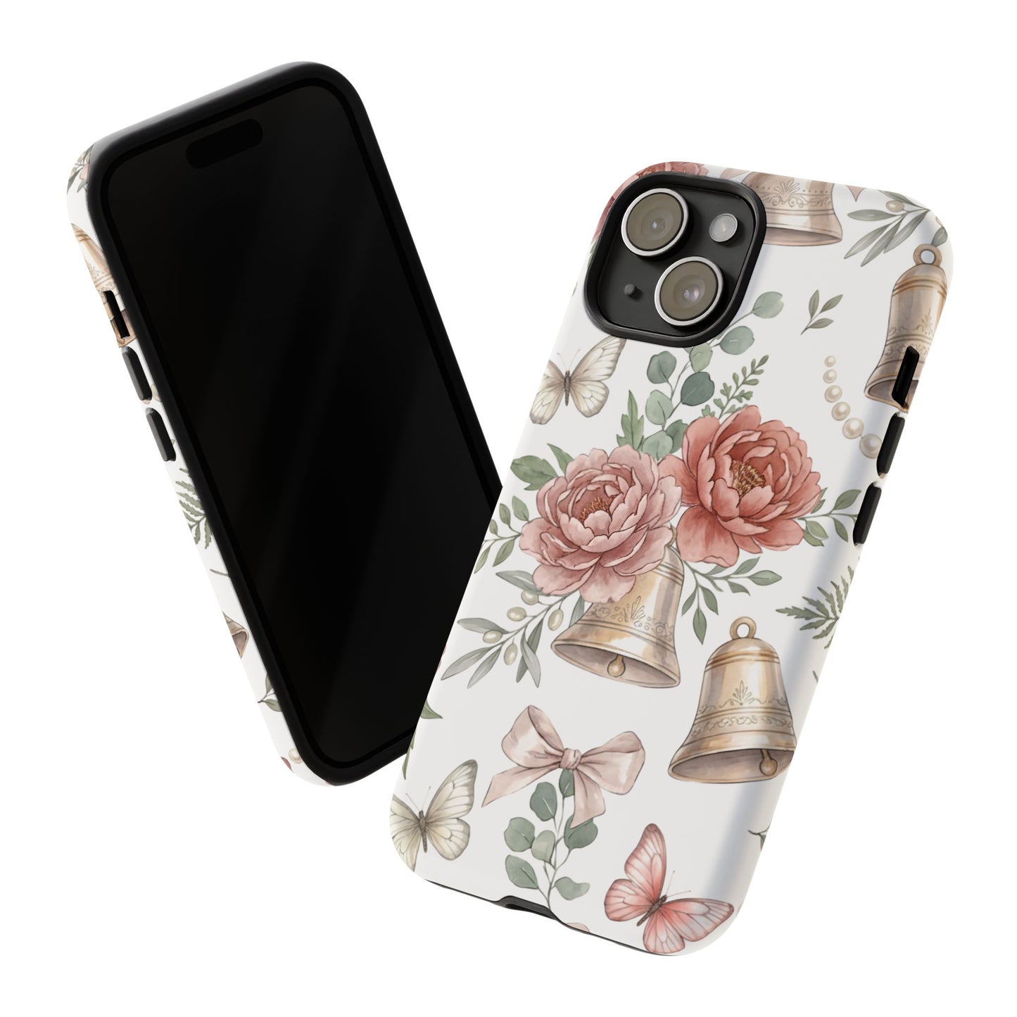 Floral Wedding Bells Phone Case — Vintage Roses, Butterflies & Bow Protective Tough Case