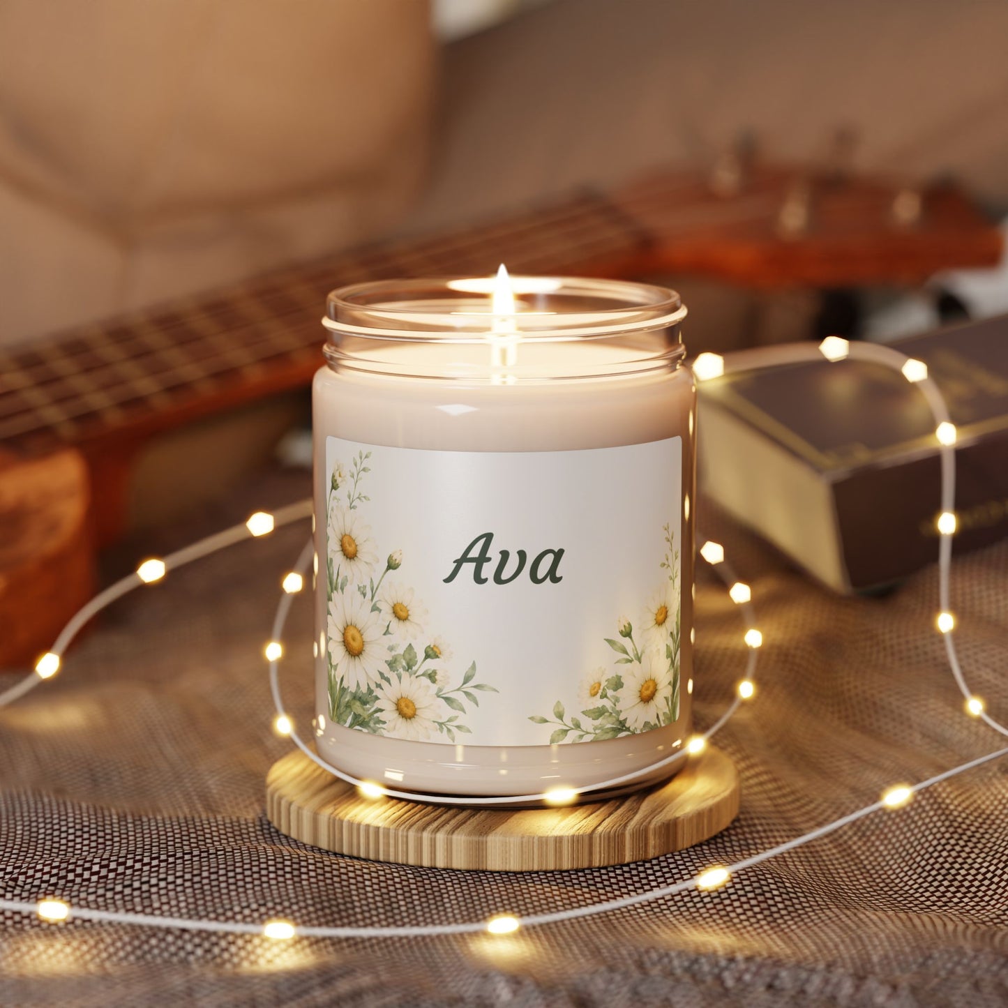 Personalized Daisy Soy Candle — 9oz Scented Jar, Custom Name ‘Ava’ — Floral Gift for Mother's Day, Birthdays & New Baby