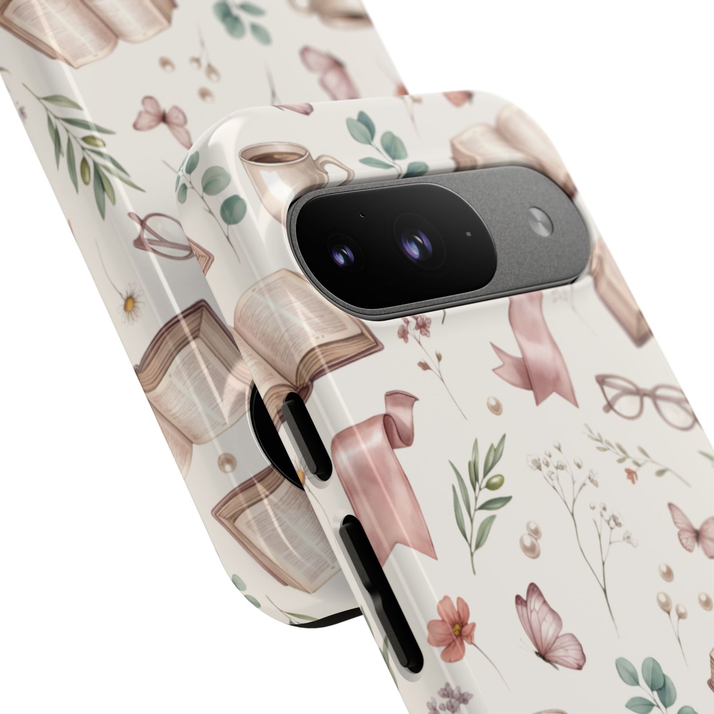 Bookish Floral Phone Case — Cozy Reading Pattern with Open Books, Glasses & Coffee