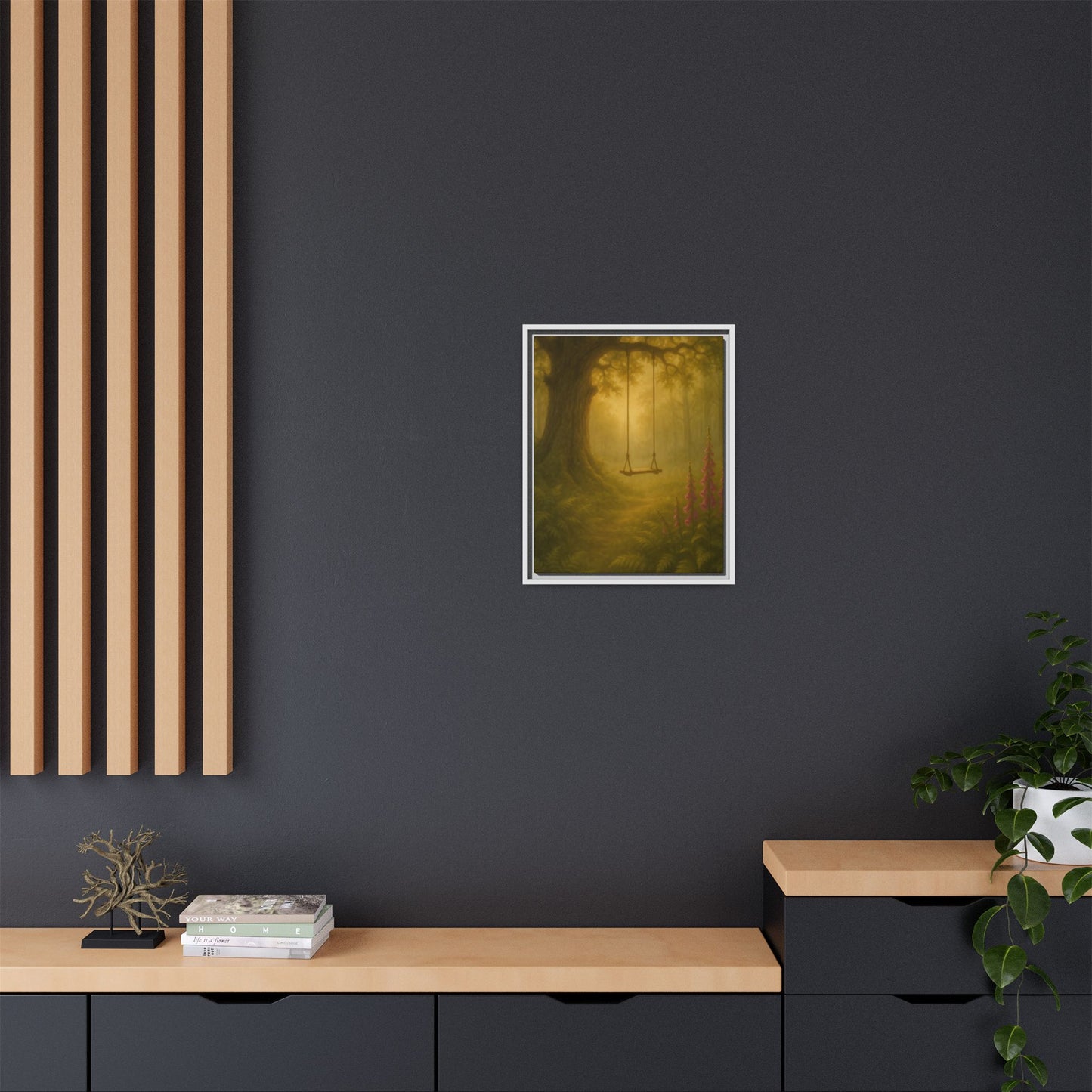 Golden Forest Swing – Framed Matte Canvas Woodland Wall Art