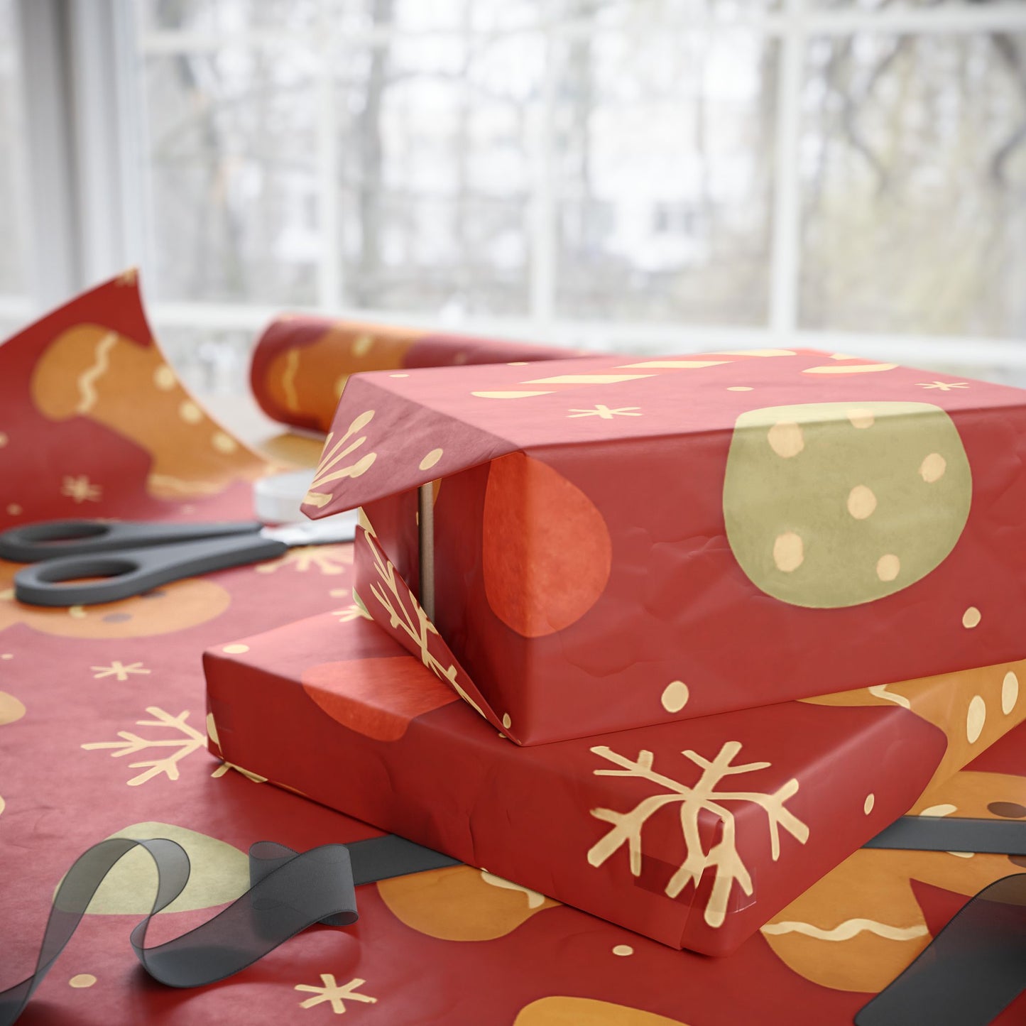Gingerbread Christmas Wrapping Paper – Candy Canes, Gumdrops & Snowflakes on Red