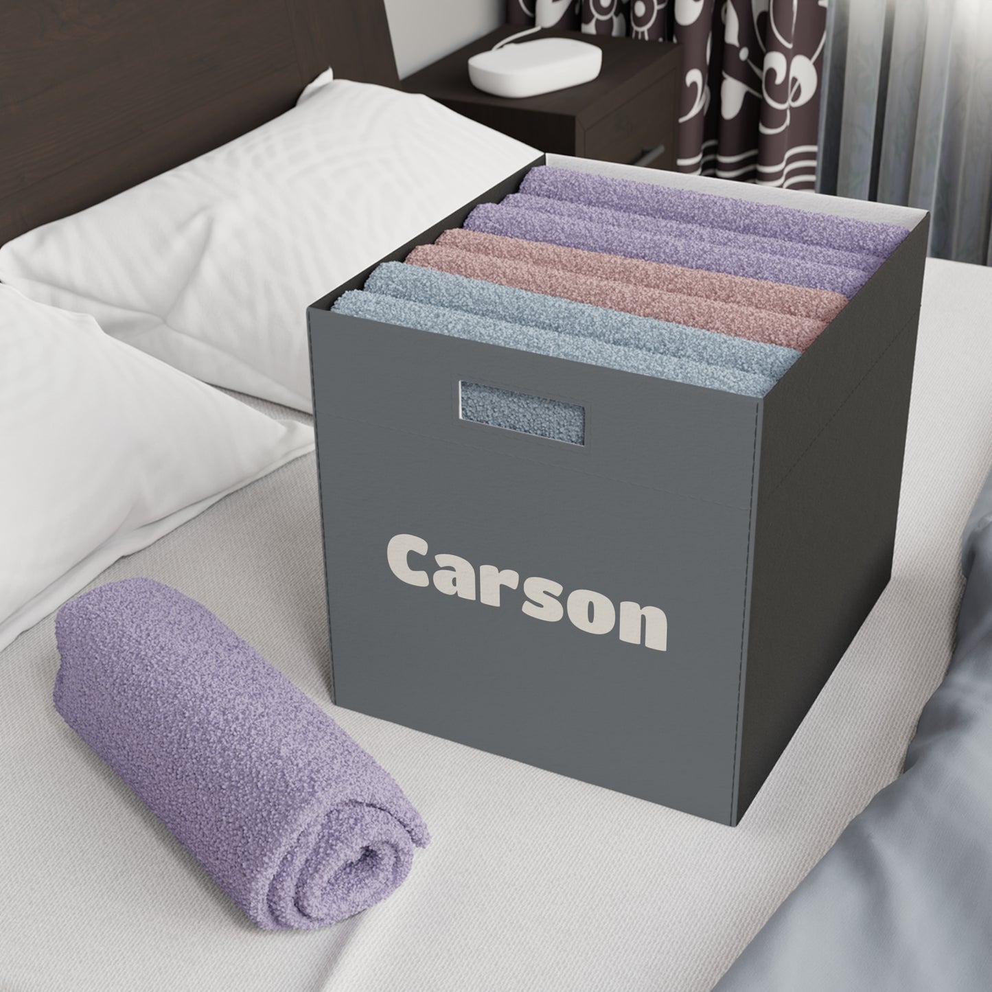 Personalized Felt Storage Box – Custom Name Gray Cube Organizer