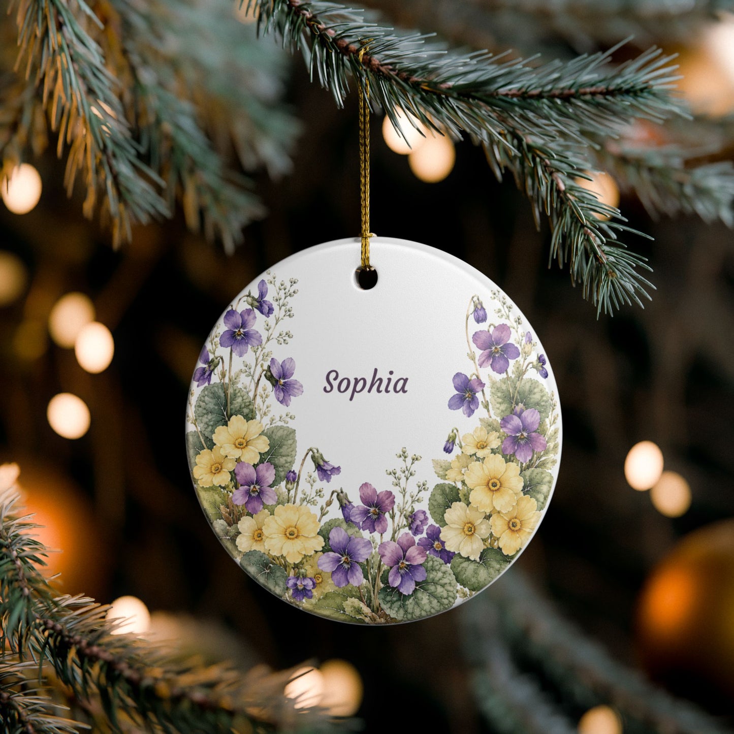 Personalized Floral Ceramic Ornament — Custom Name Violet & Yellow Flower Decoration