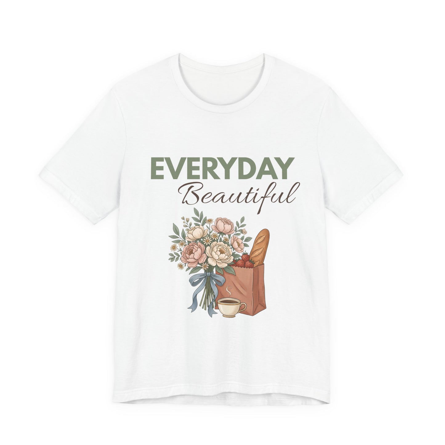 A white hanging t-shirt with 'EVERYDAY Beautiful' on the front.