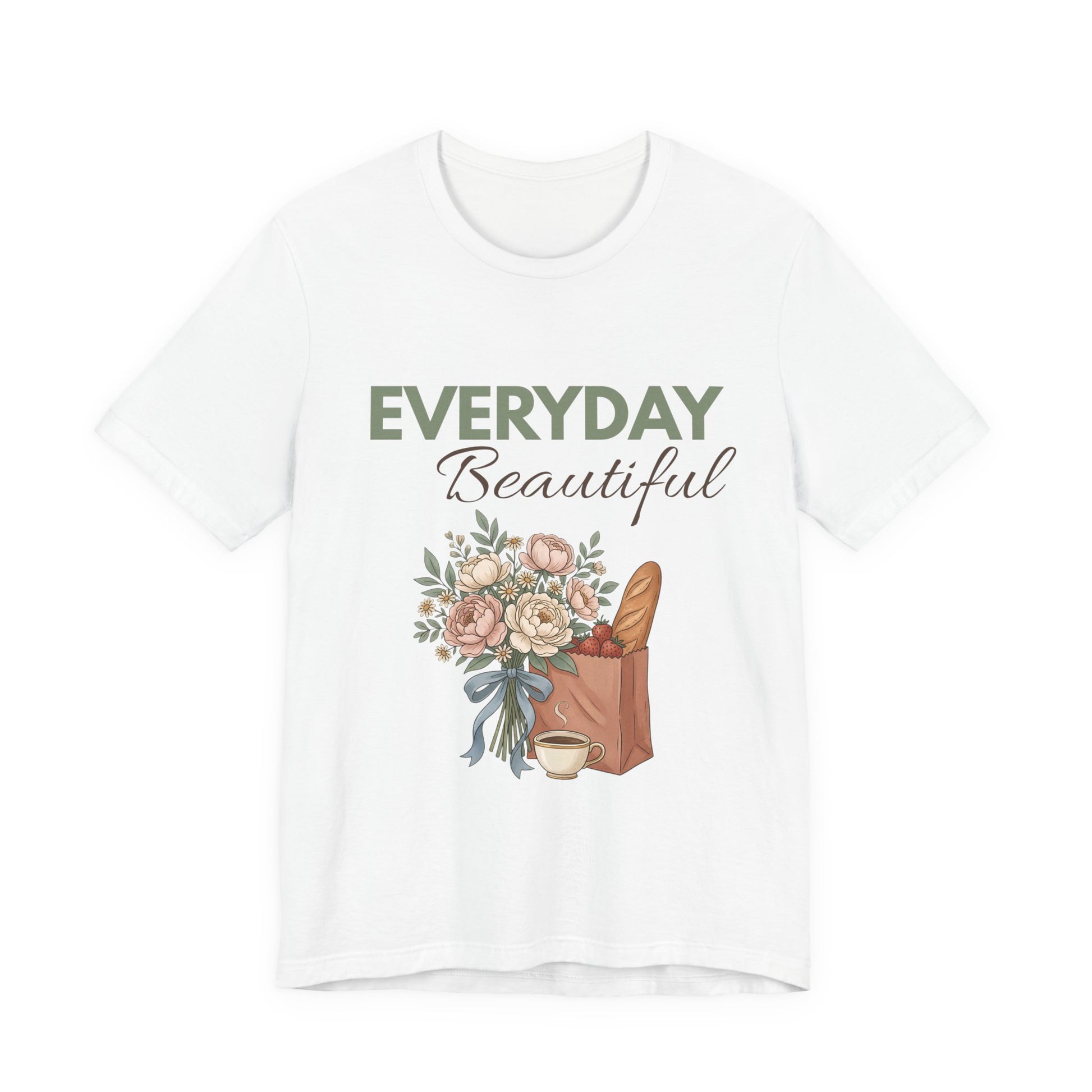 A white hanging t-shirt with 'EVERYDAY Beautiful' on the front.