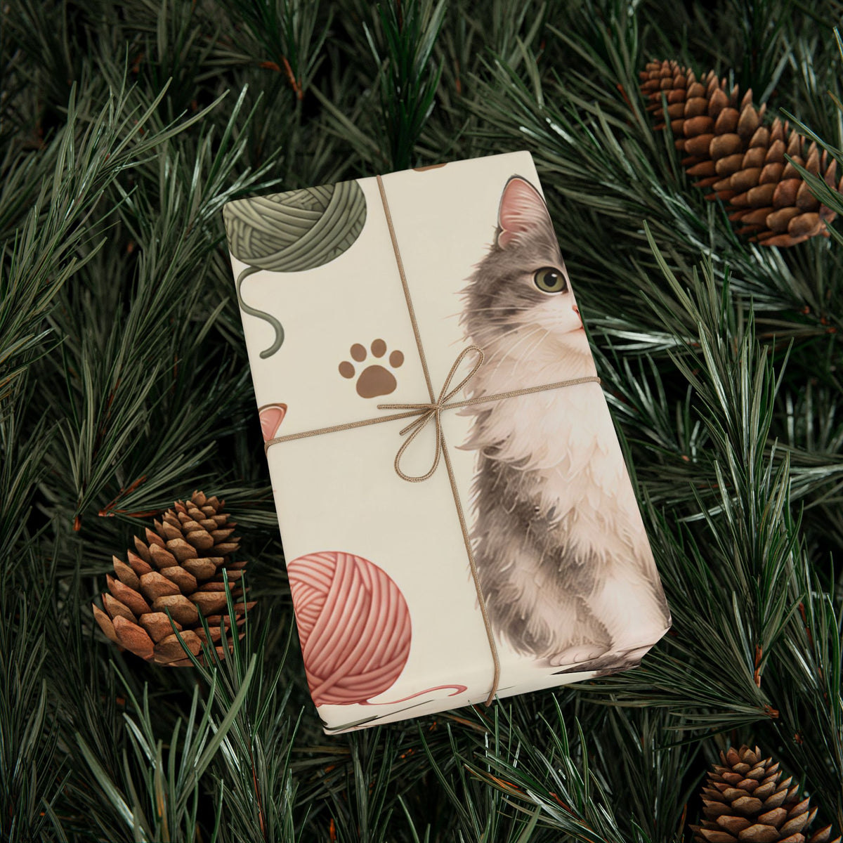 Cat & Yarn Pattern Wrapping Paper Roll — Cute Kitty Gift Wrap for Pet Lovers