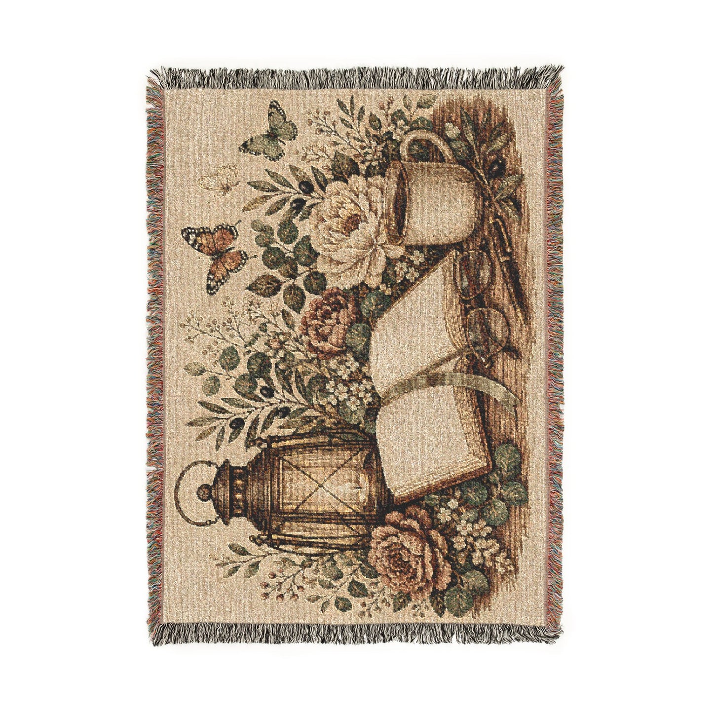 Cozy Reading Woven Throw Blanket — Lantern, Open Book & Floral Tapestry