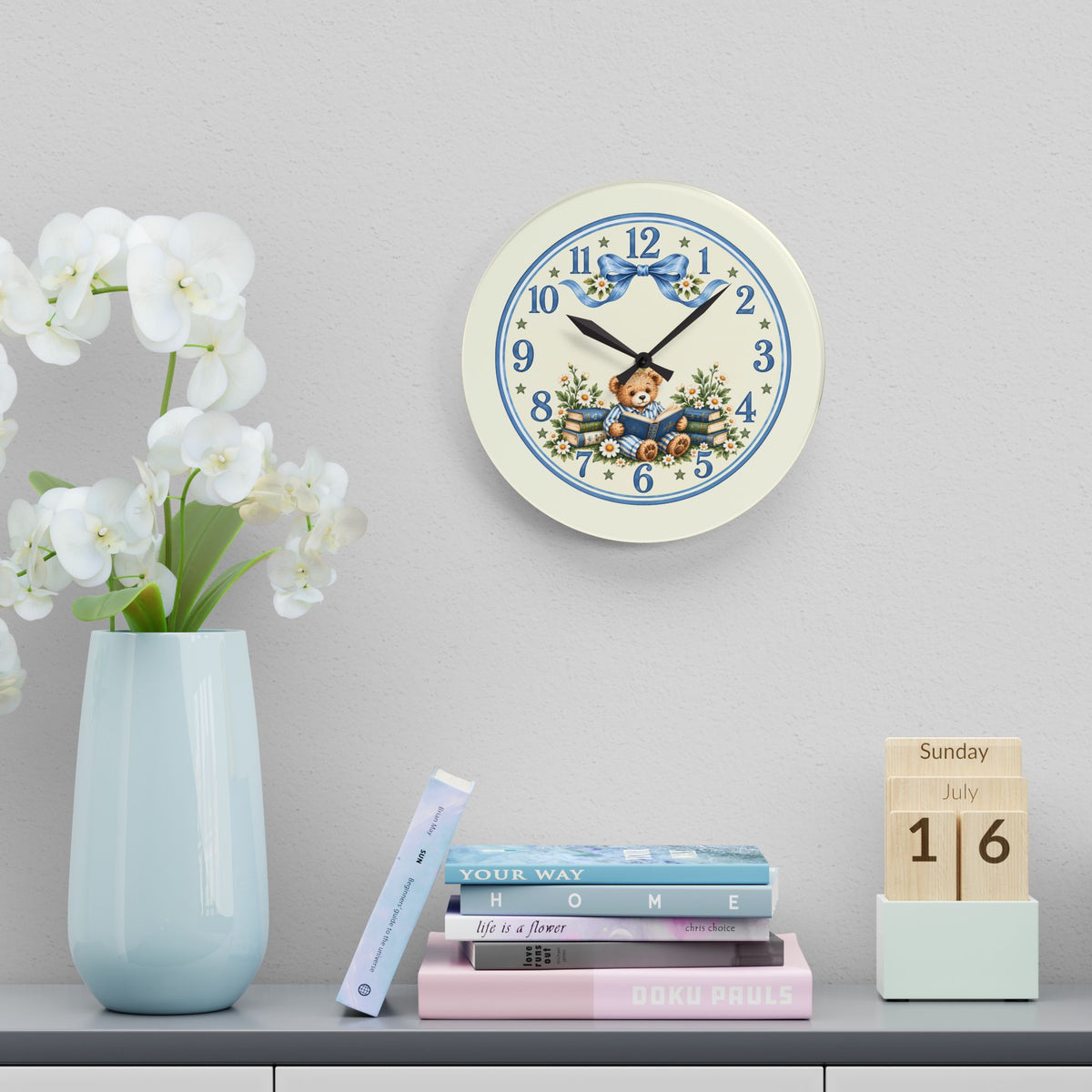 Vintage Teddy Bear Floral Acrylic Wall Clock