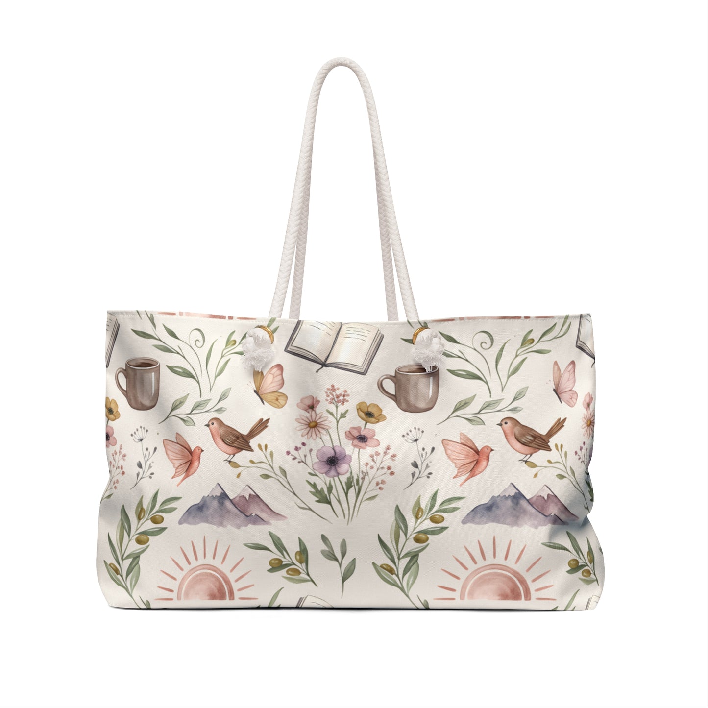 Boho Morning Weekender Bag — Floral Birds, Mountains & Coffee Pattern