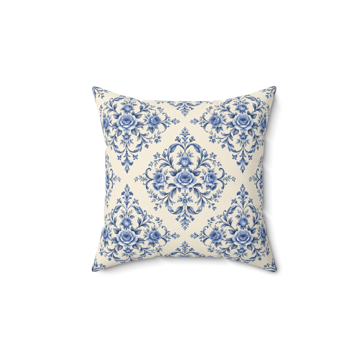 Blue Delft Floral Throw Pillow — Vintage Damask Square Accent Pillow