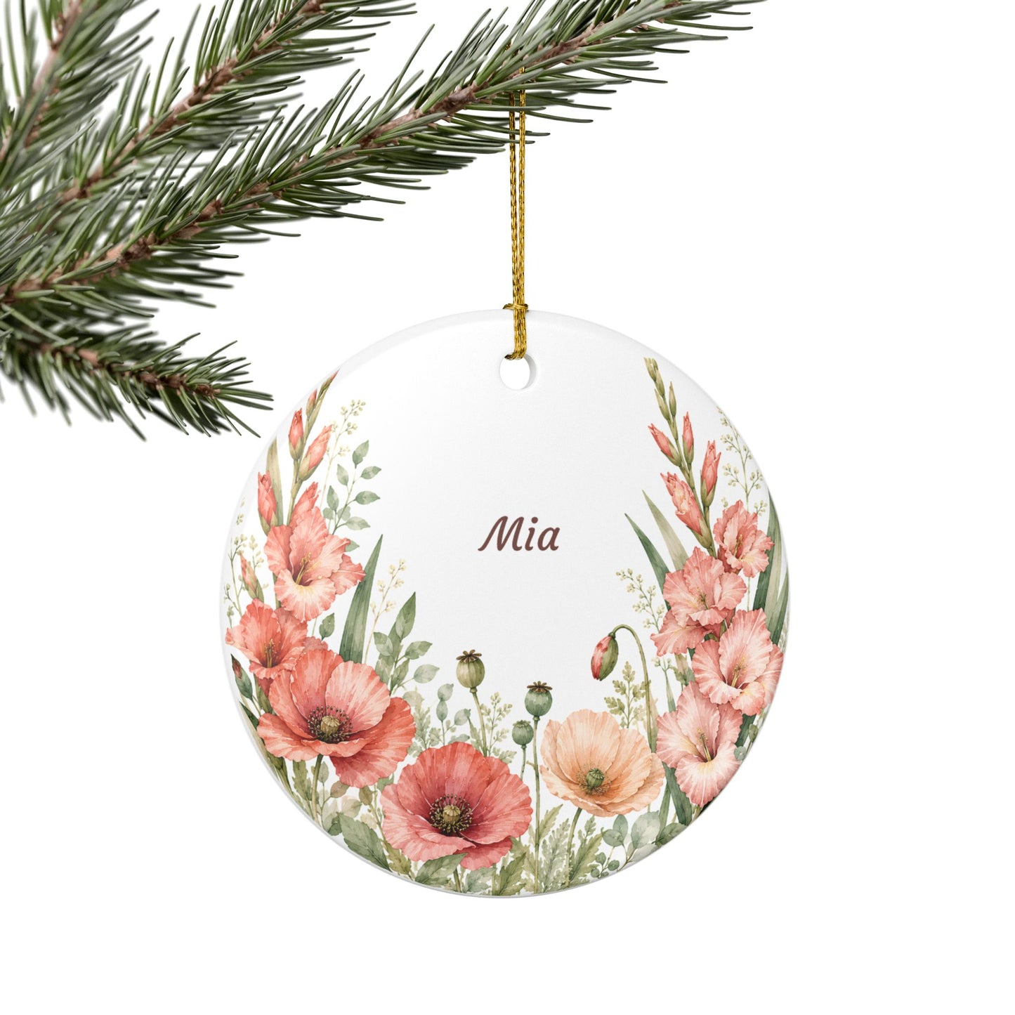Personalized Floral Ceramic Ornament — Custom Name Poppy & Gladiolus Holiday Decoration