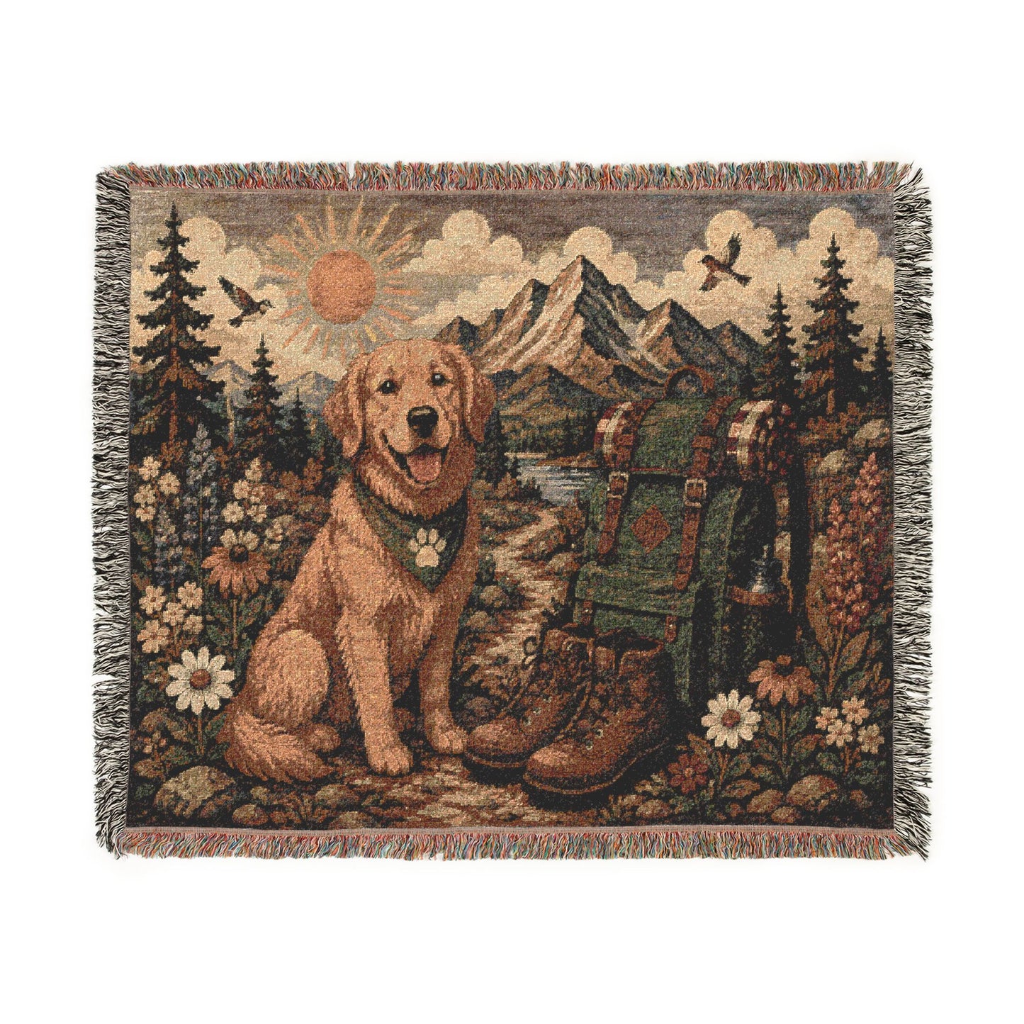 Golden Retriever Cabin Woven Blanket — Rustic Mountain Dog Throw