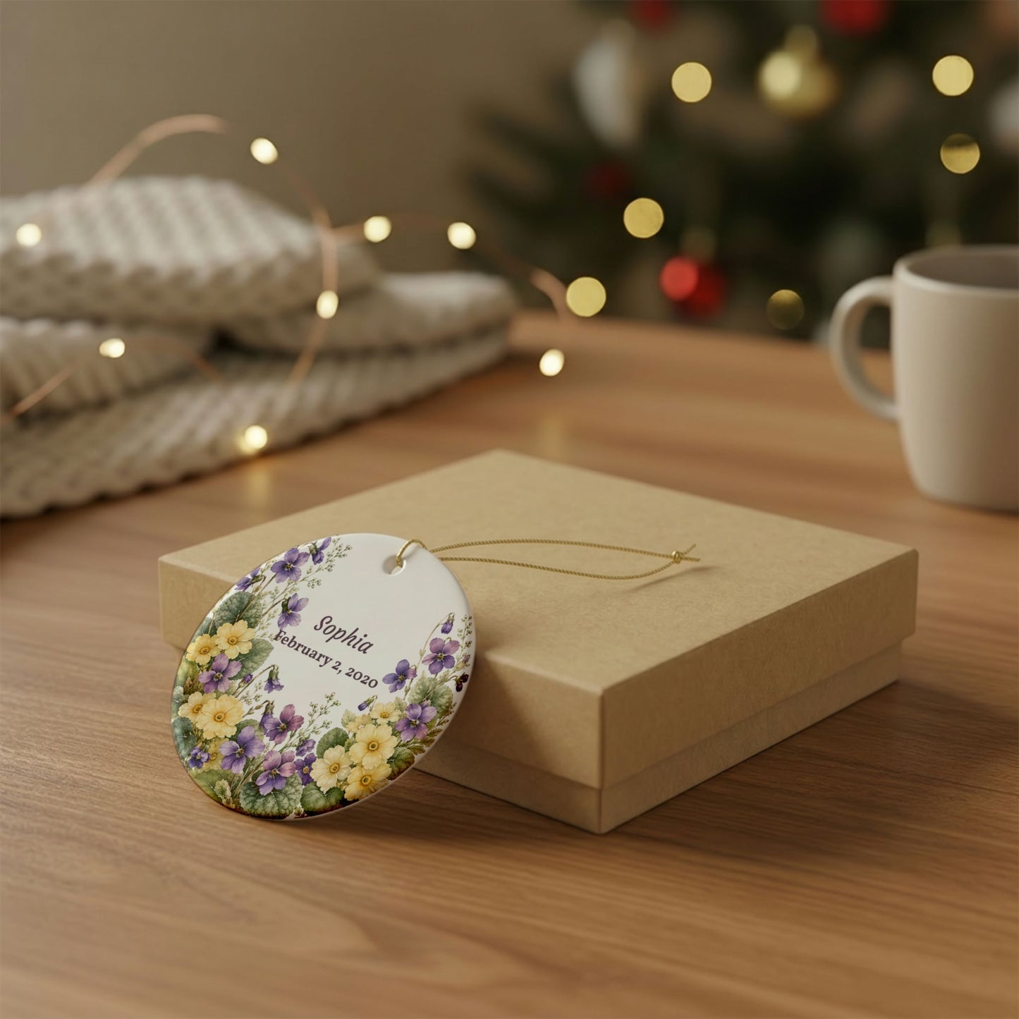 Ceramic Ornament — Personalized Floral Name & Date Keepsake