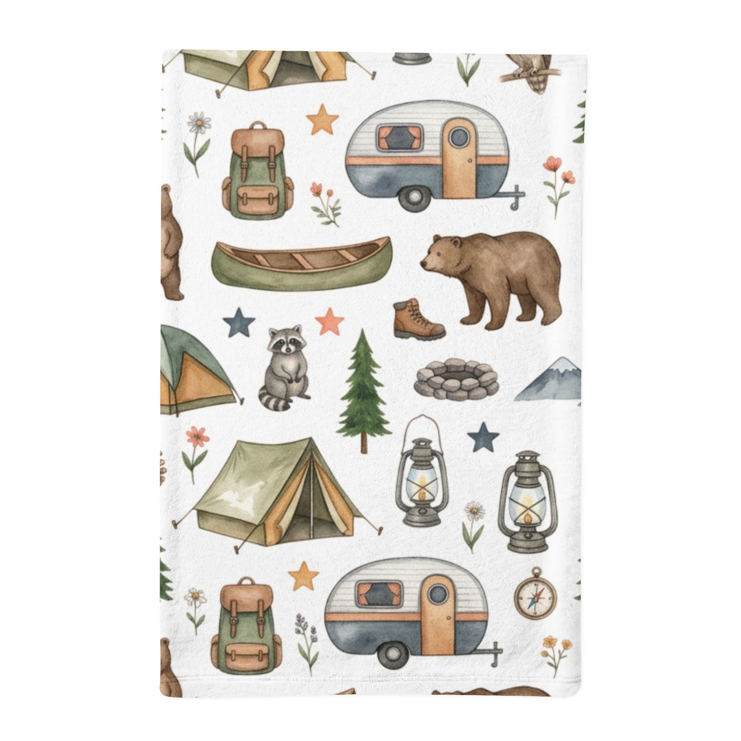 A minky sleeping bag with a camping-themed print on a white background and illustrated motifs including tents, campers, lanterns, a canoe, bear, raccoon, tree, stars, flowers, and outdoor accessories.