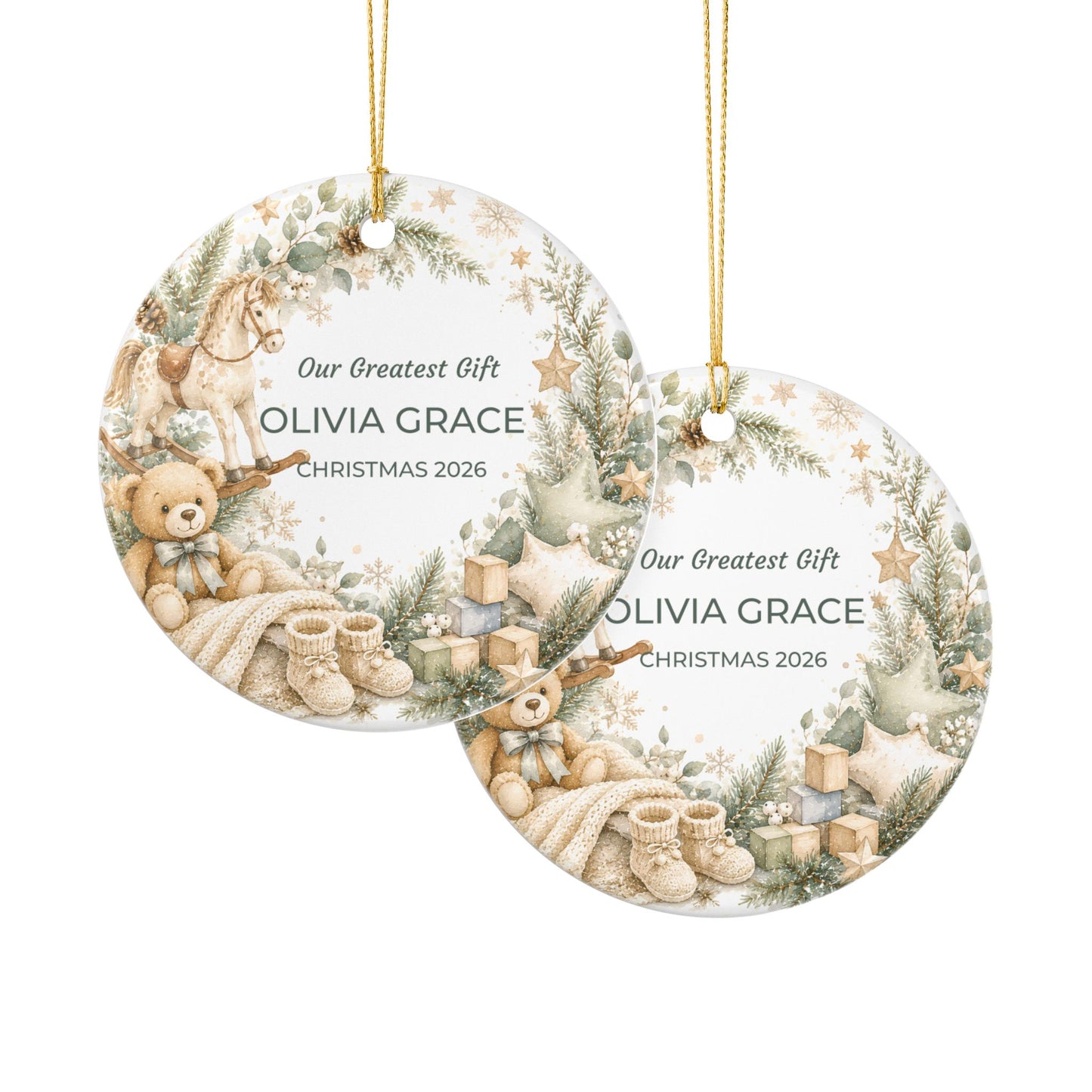 Personalized Baby’s First Christmas Ceramic Ornament — “Our Greatest Gift” Name & Year
