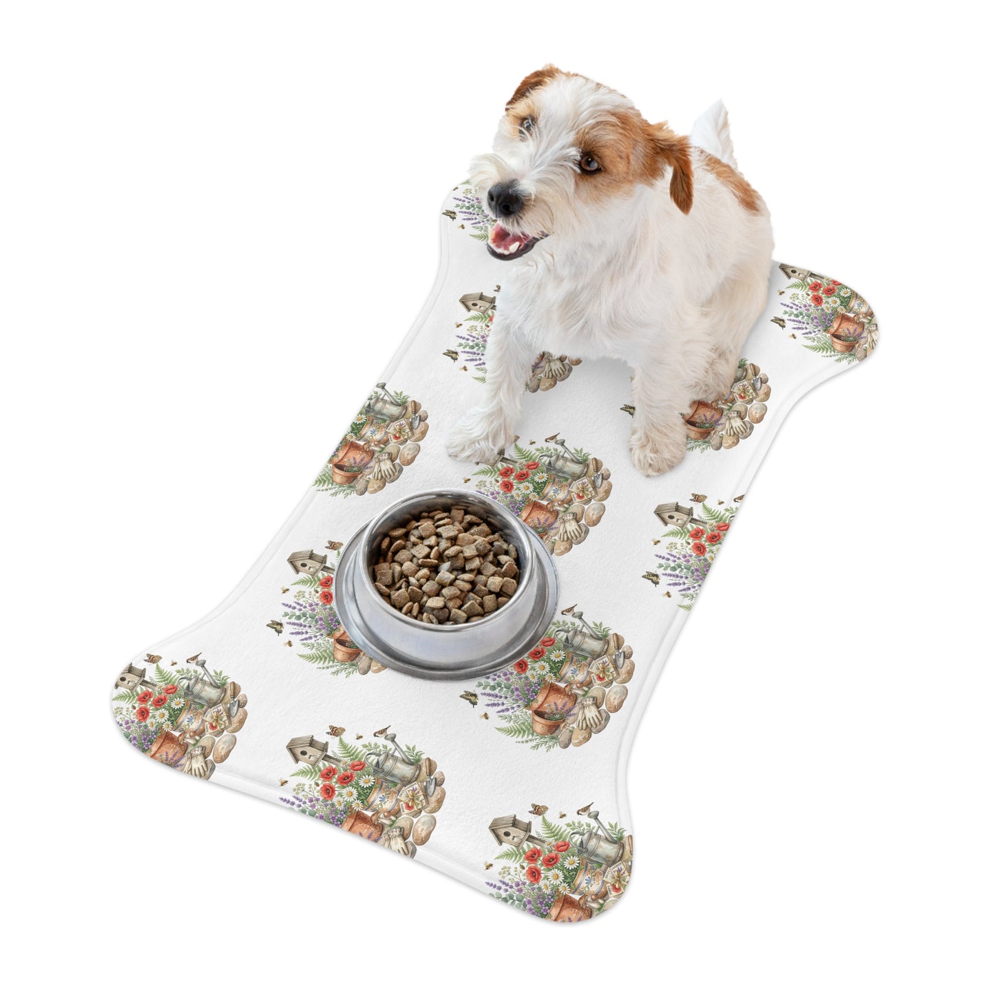 Floral Garden Pet Feeding Mat — Watercolor Birdhouse & Flowers
