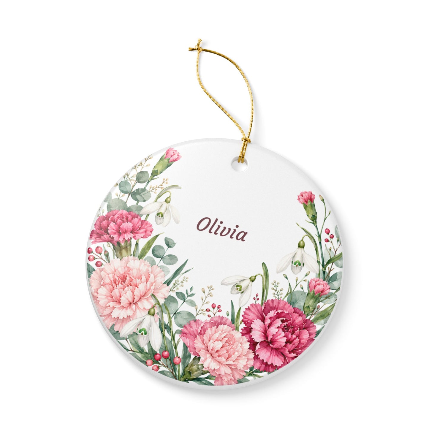 Personalized Floral Ornament - Custom Name Ceramic Holiday Decoration