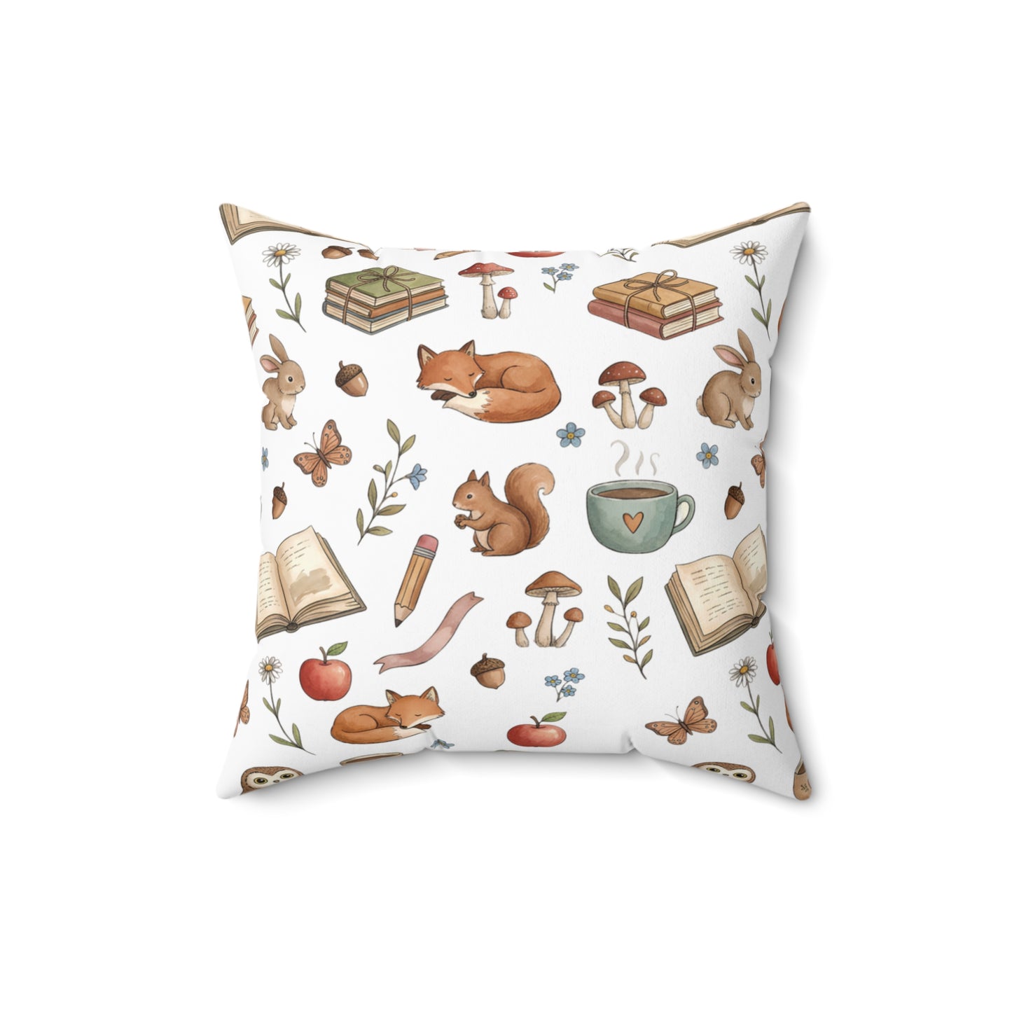 Cozy Woodland Reading Pillow — Fox & Squirrel Autumn Pattern Square Pillow