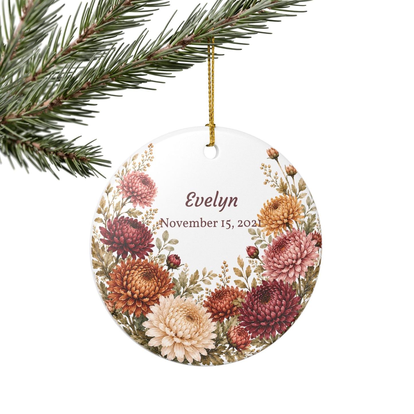 Personalized Floral Ceramic Ornament — Custom Name & Date Autumn Chrysanthemums