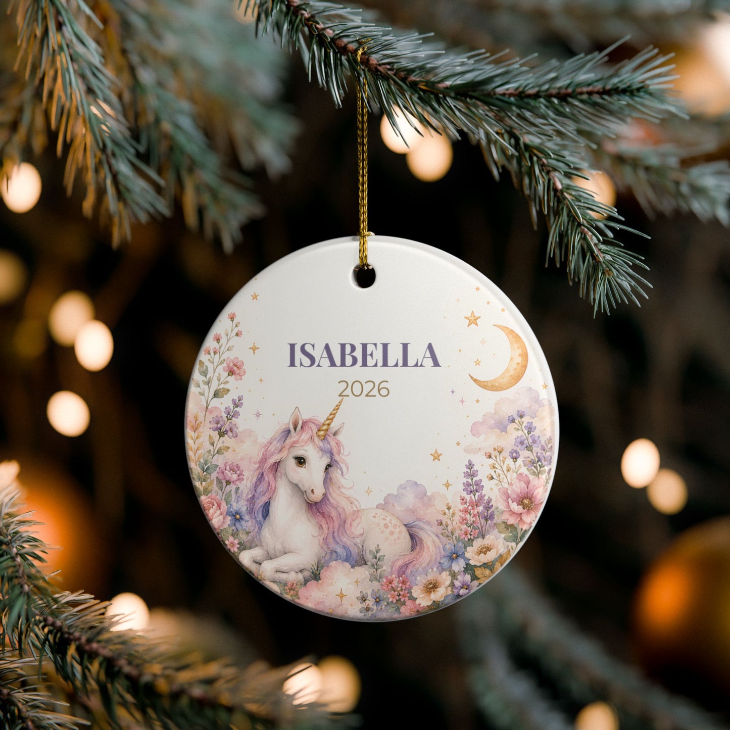 Personalized Unicorn Ceramic Ornament — Custom Name & Year (e.g., ISABELLA 2026)