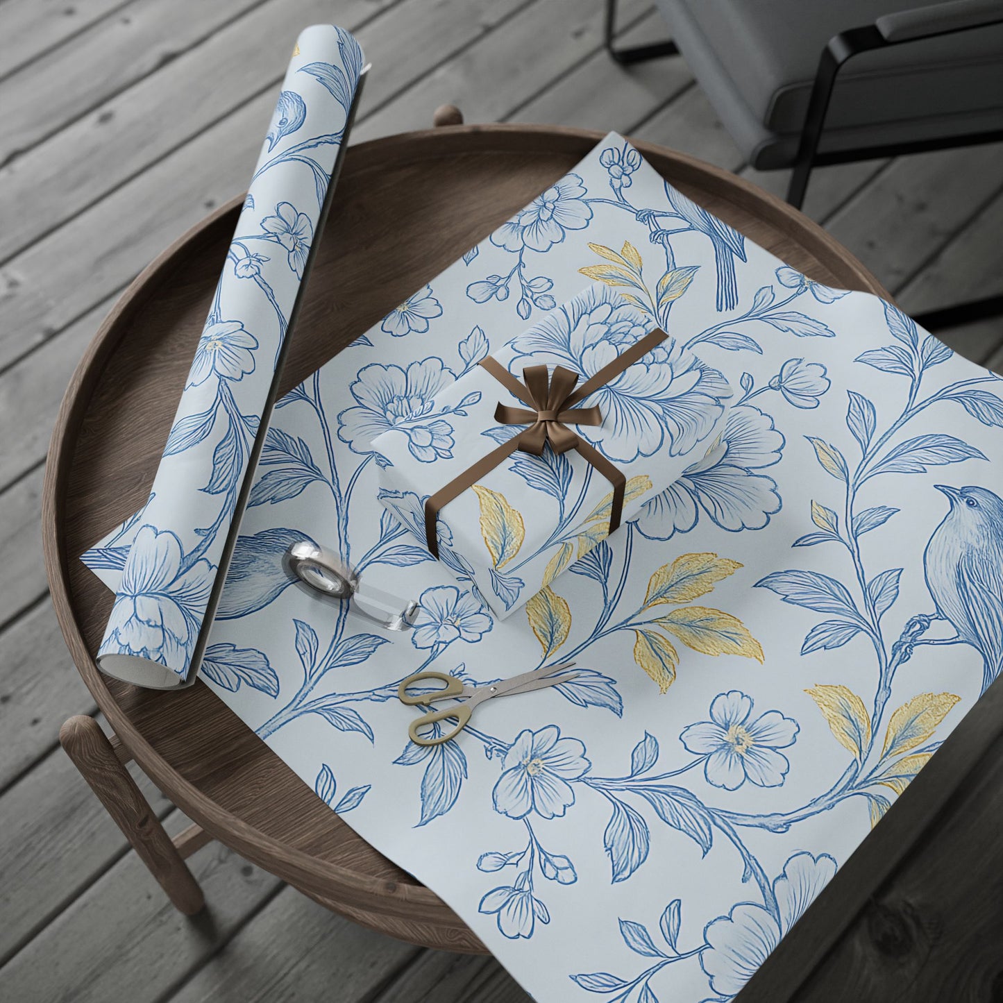 Blue Bird & Floral Wrapping Paper – Elegant Nature-Inspired Gift Wrap in Glossy or Matte Finish