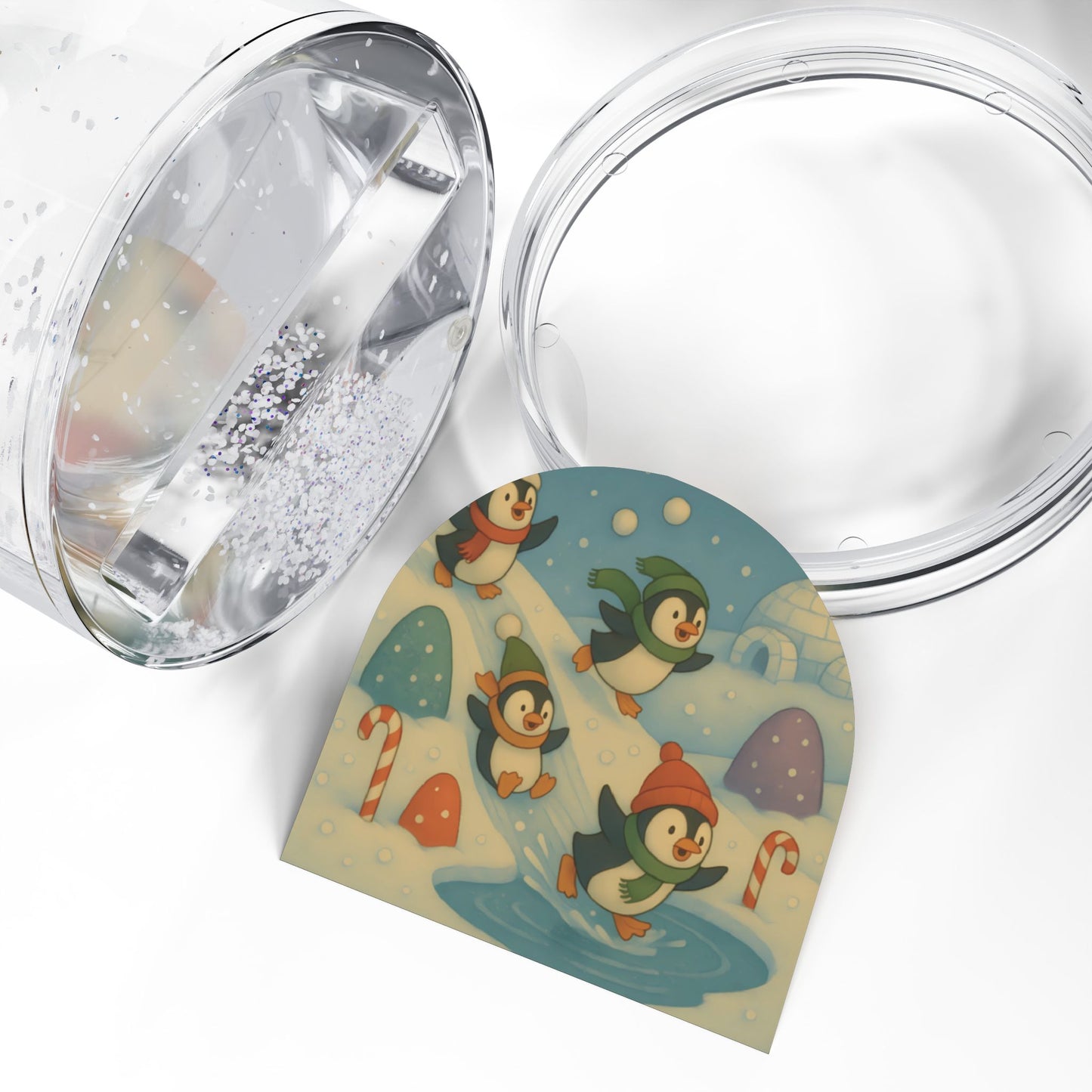 Playful Penguins Snow Globe – Winter Candyland Scene with Two-Sided Print