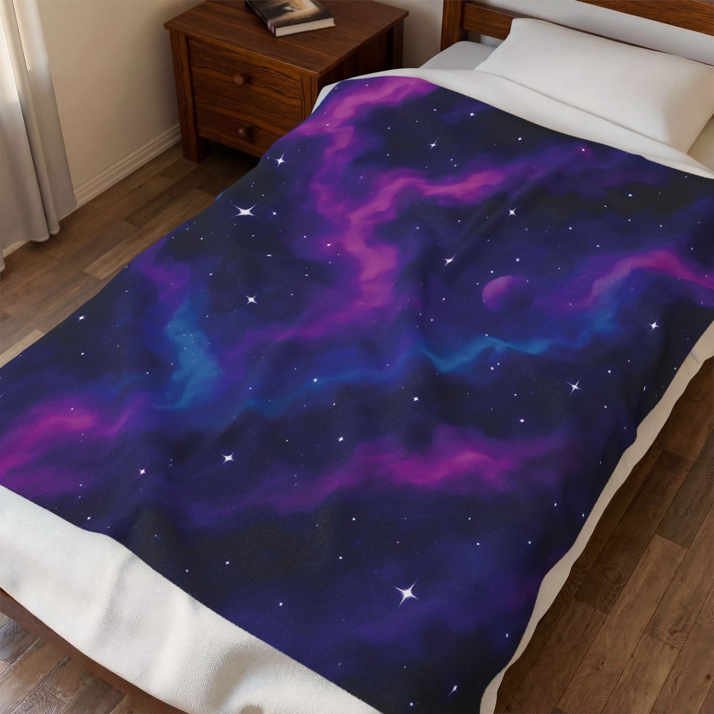 Velveteen Galaxy Plush Blanket – Cosmic Nebula Print in Purple & Blue (Adult Size)