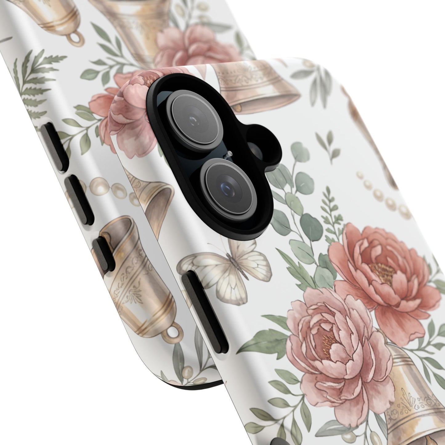 Floral Wedding Bells Phone Case — Vintage Roses, Butterflies & Bow Protective Tough Case