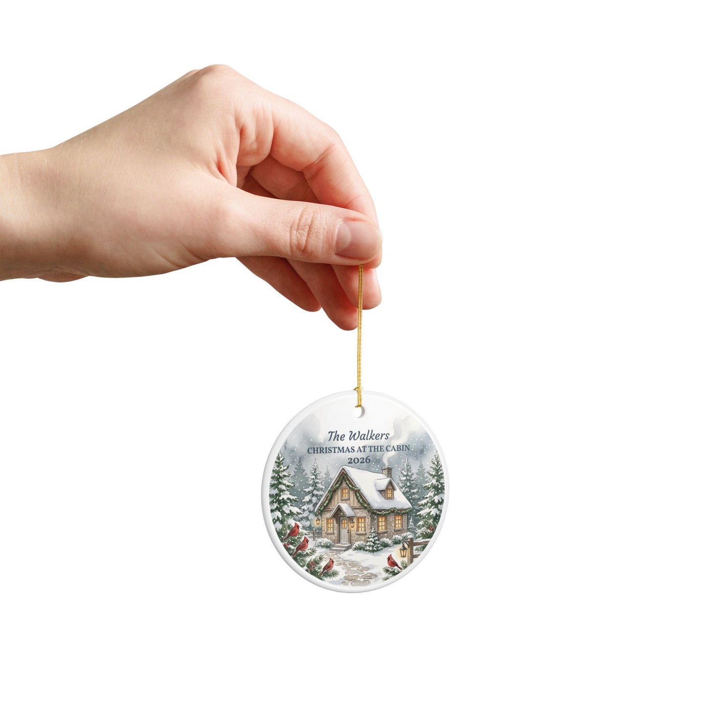 Personalized Ceramic Christmas Ornament – 'Christmas at the Cabin' Snowy Cottage (Custom Name & Year)
