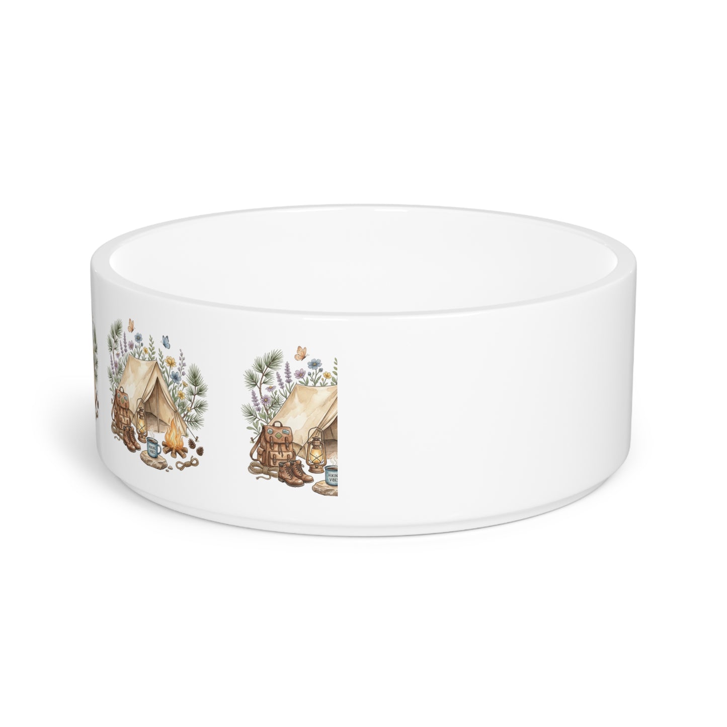Camping Pet Bowl — Cute Tent & Campfire Design Ceramic Dog Food Bowl