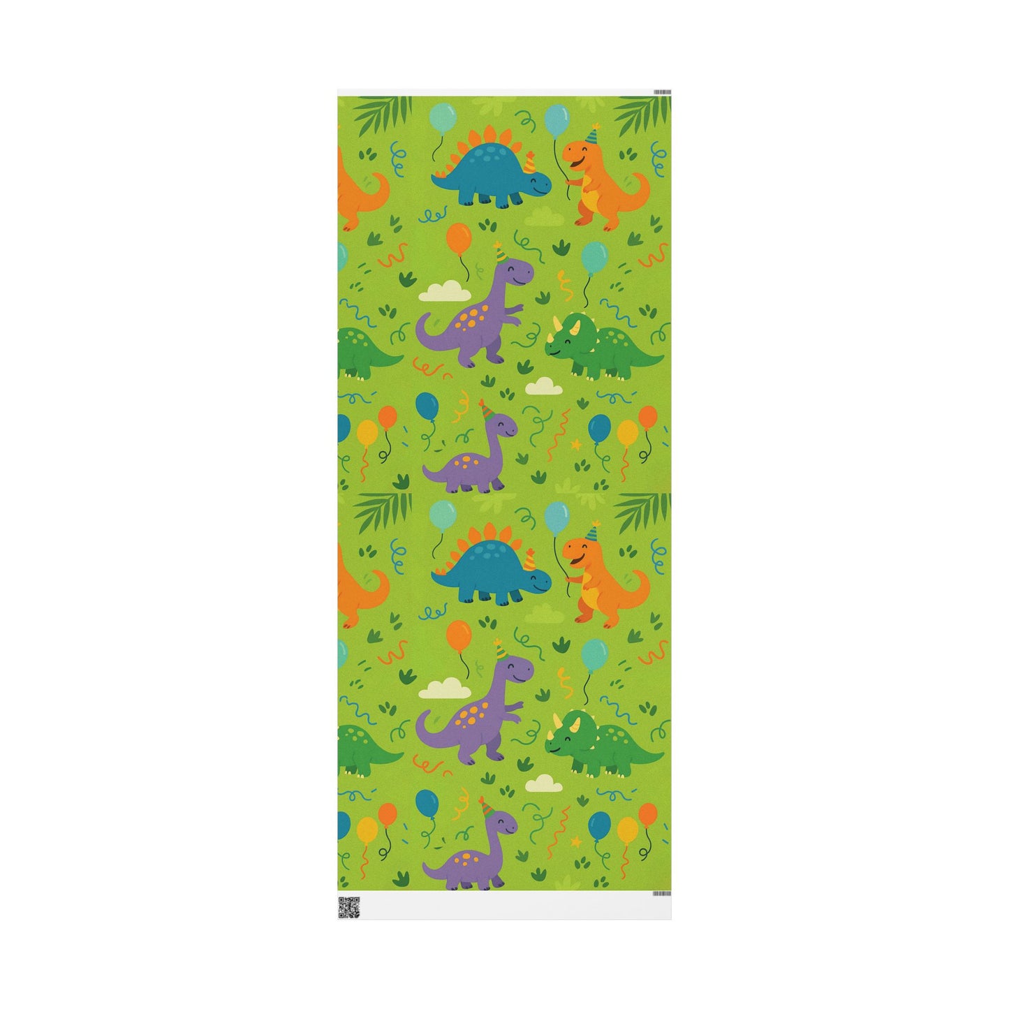 Dinosaur Party Wrapping Paper – Colorful Dinos with Balloons & Hats on Green