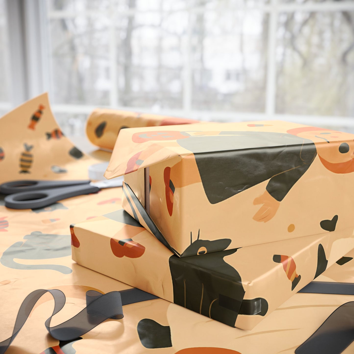 Vintage Halloween Wrapping Paper – Cute Ghosts, Witches, and Black Cats on Parchment Background