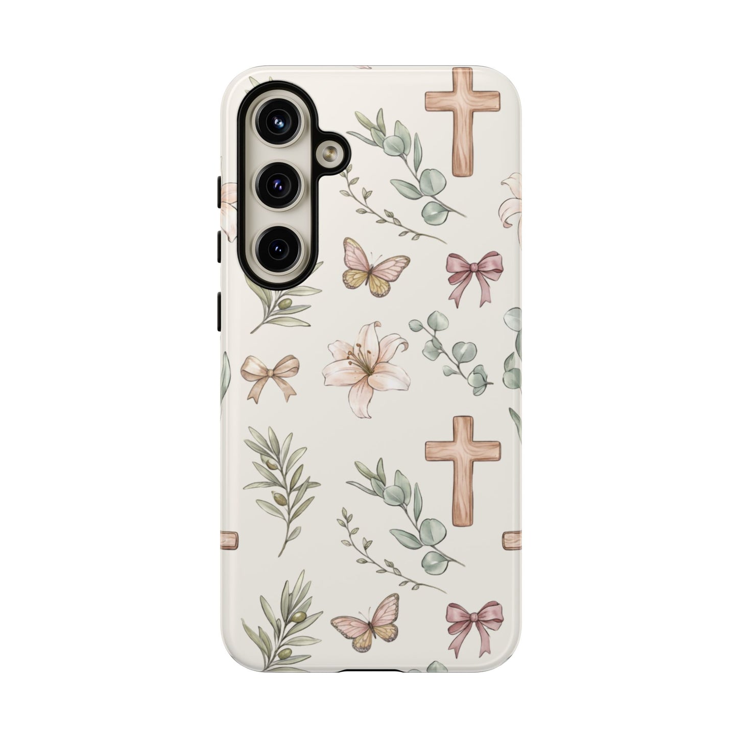 Floral Cross Tough Phone Case — Pastel Butterflies & Bows Christian Design