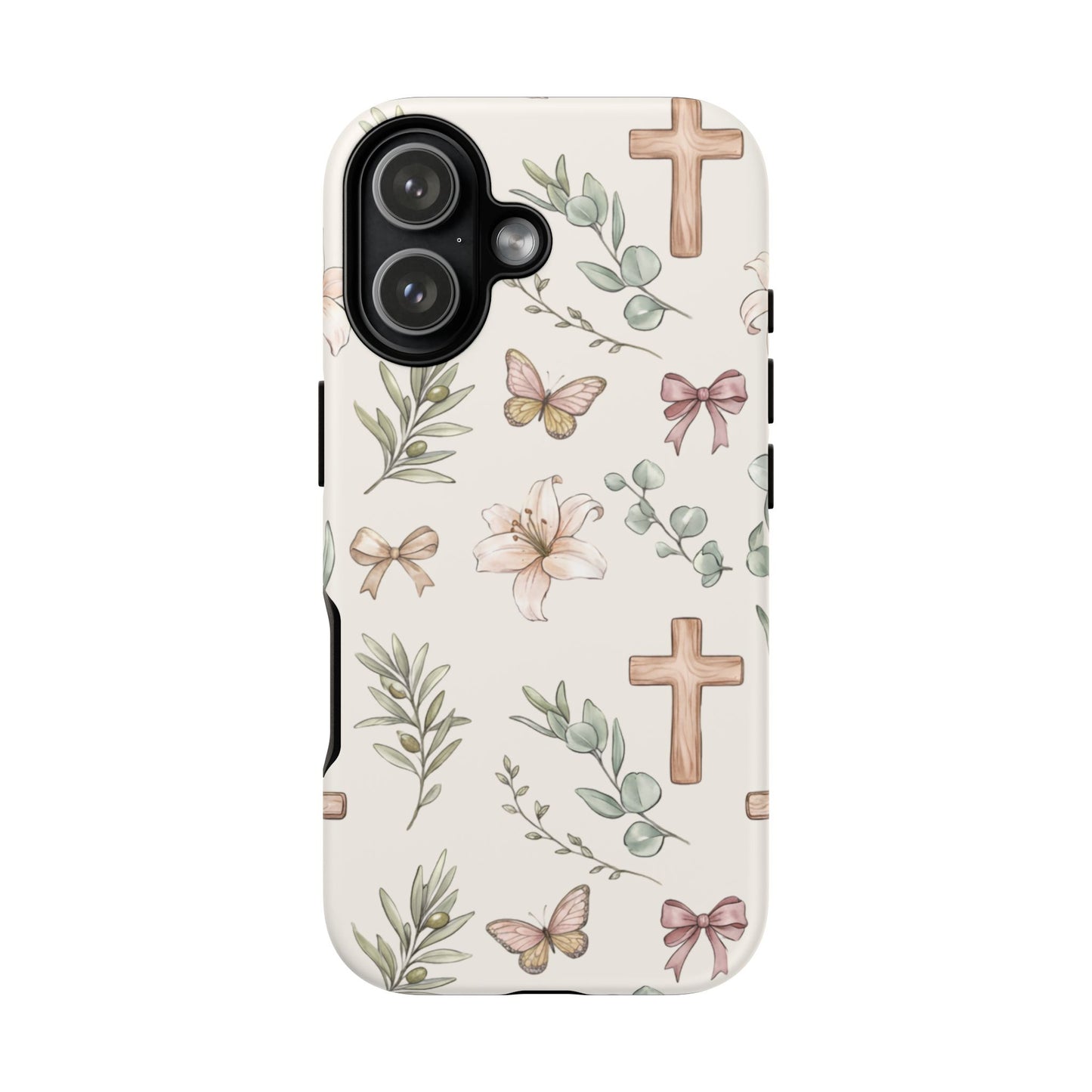 Floral Cross Tough Phone Case — Pastel Butterflies & Bows Christian Design
