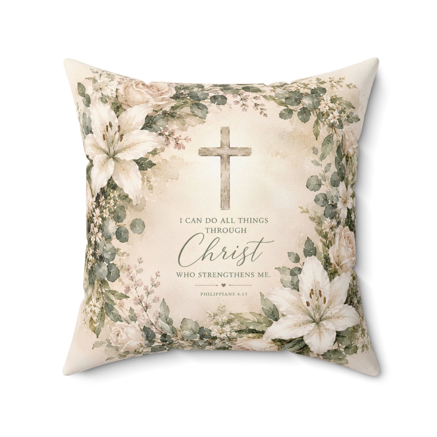 Christian Floral Cross Pillow — "I Can Do All Things Through Christ" Inspirational Decorative Cushion