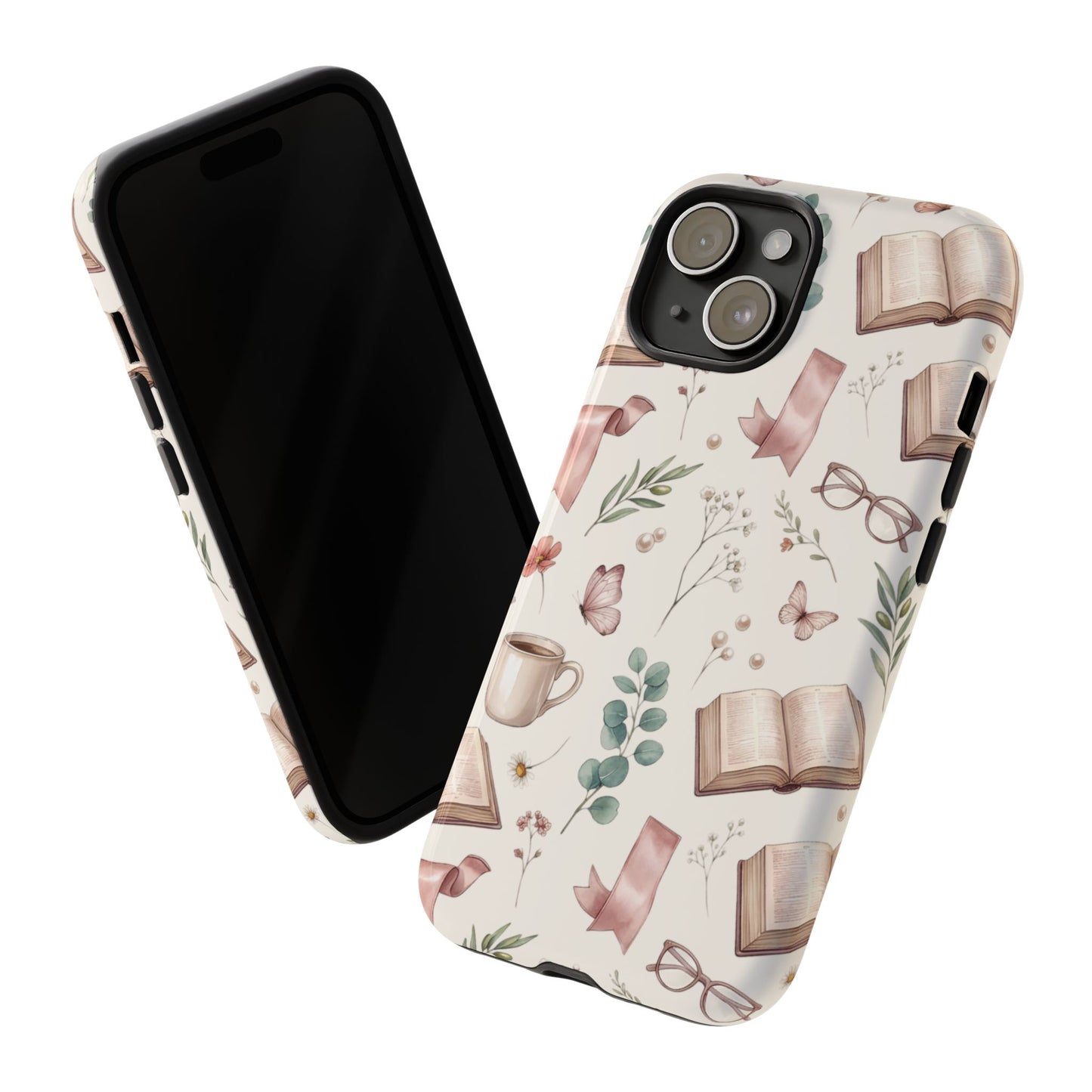 Bookish Floral Phone Case — Cozy Reading Pattern with Open Books, Glasses & Coffee