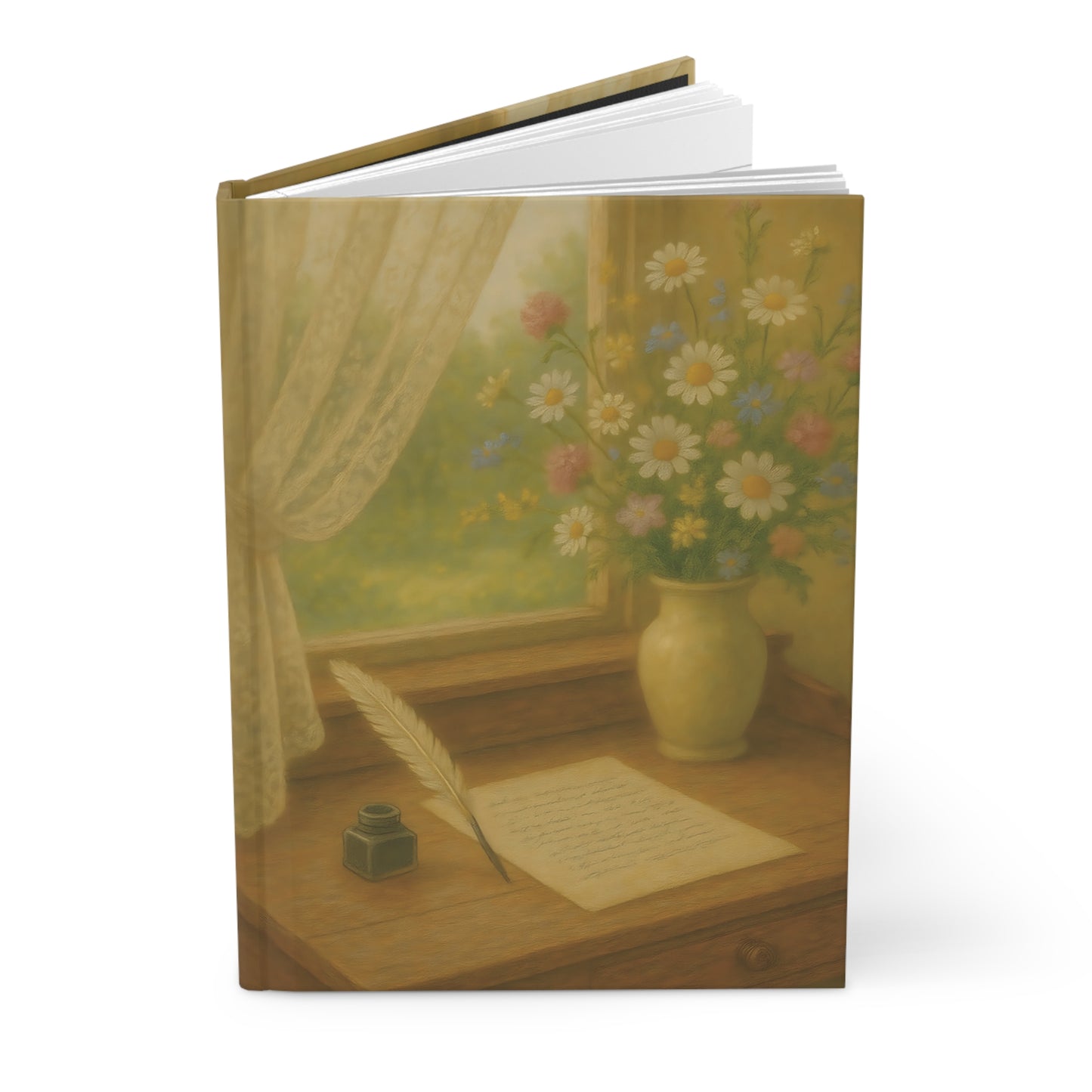 Sunlit Writing Desk Journal – Vintage Floral Window Scene Hardcover Notebook